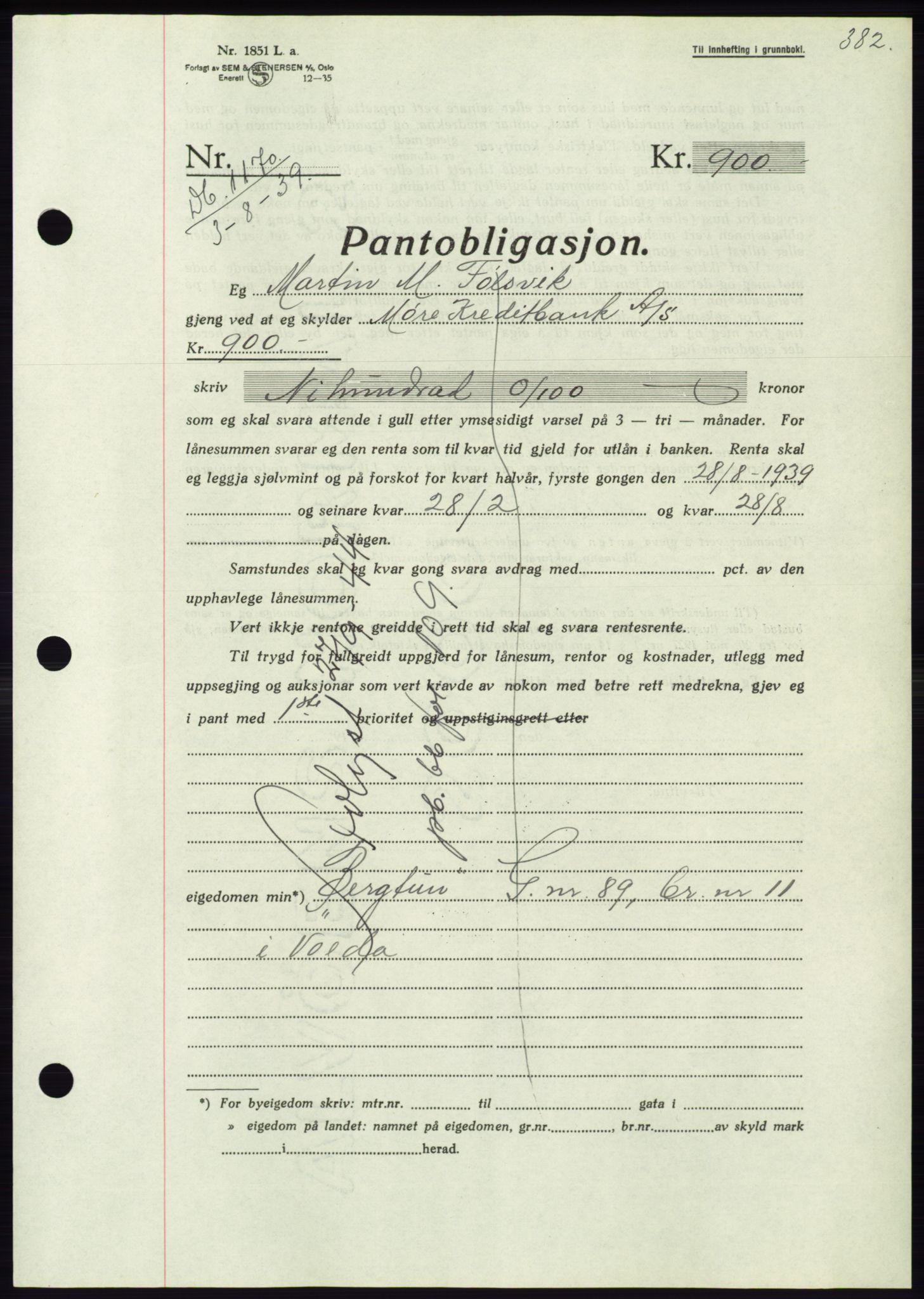 Søre Sunnmøre sorenskriveri, AV/SAT-A-4122/1/2/2C/L0068: Mortgage book no. 62, 1939-1939, Diary no: : 1170/1939