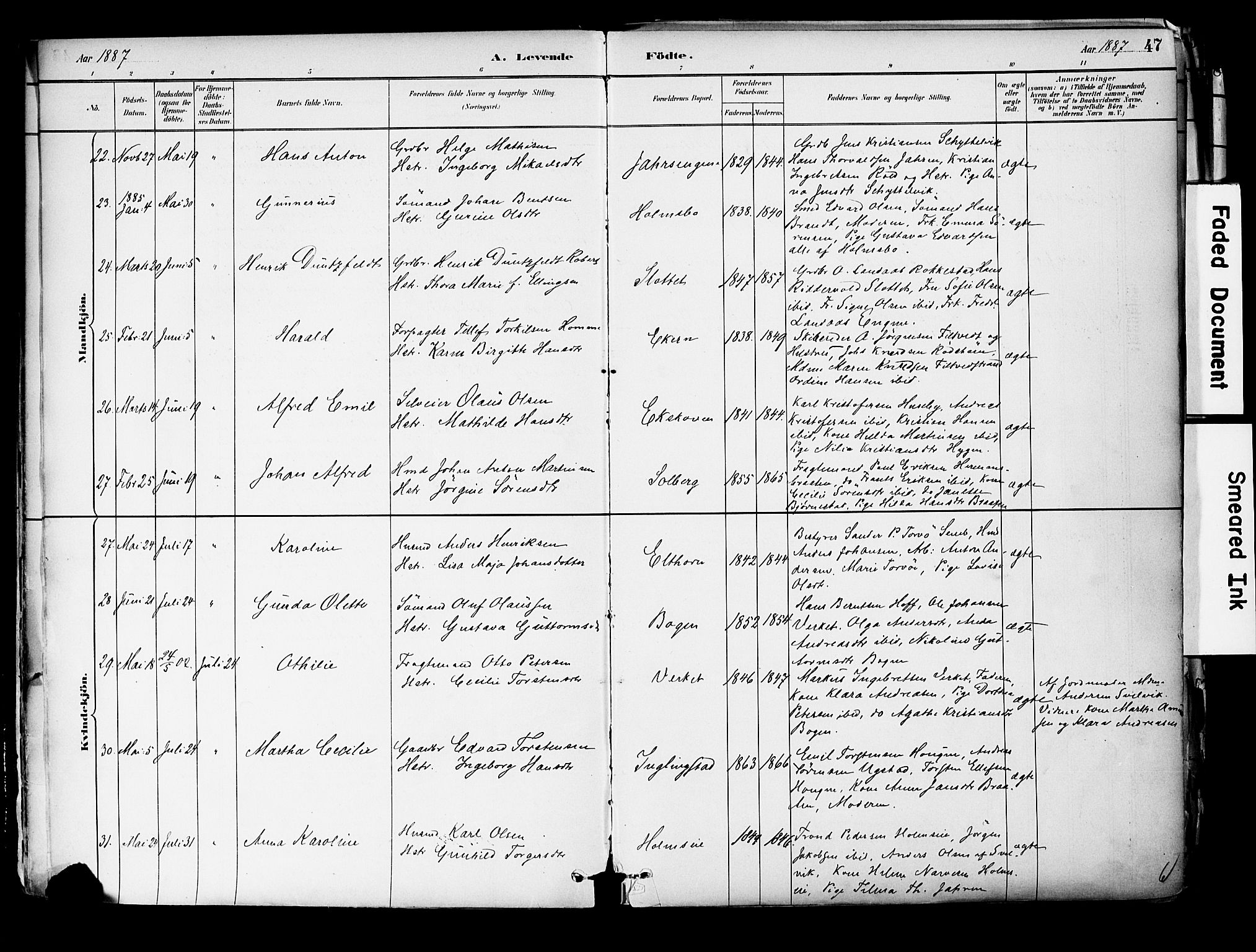 Hurum kirkebøker, SAKO/A-229/F/Fa/L0014: Parish register (official) no. 14, 1882-1895, p. 47