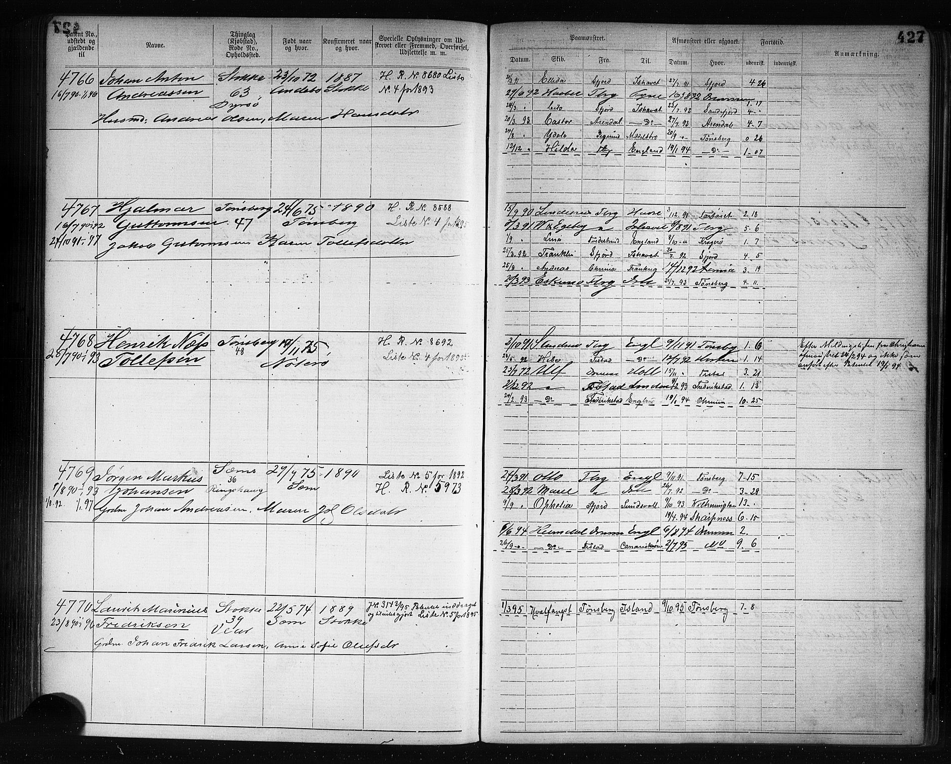 Tønsberg innrulleringskontor, AV/SAKO-A-786/F/Fb/L0007: Annotasjonsrulle Patent nr. 2636-5150, 1881-1892, p. 428