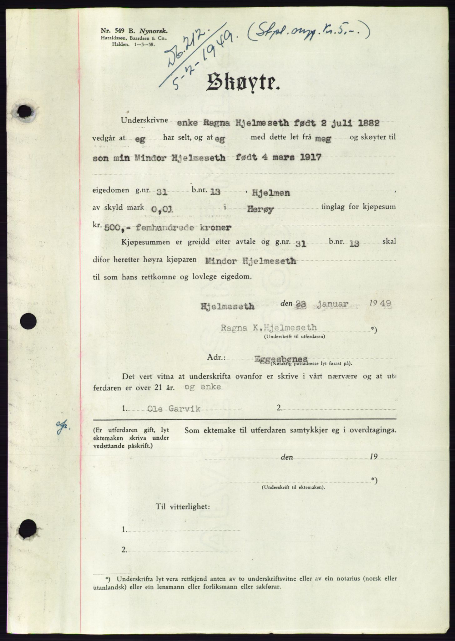 Søre Sunnmøre sorenskriveri, AV/SAT-A-4122/1/2/2C/L0084: Mortgage book no. 10A, 1949-1949, Diary no: : 212/1949