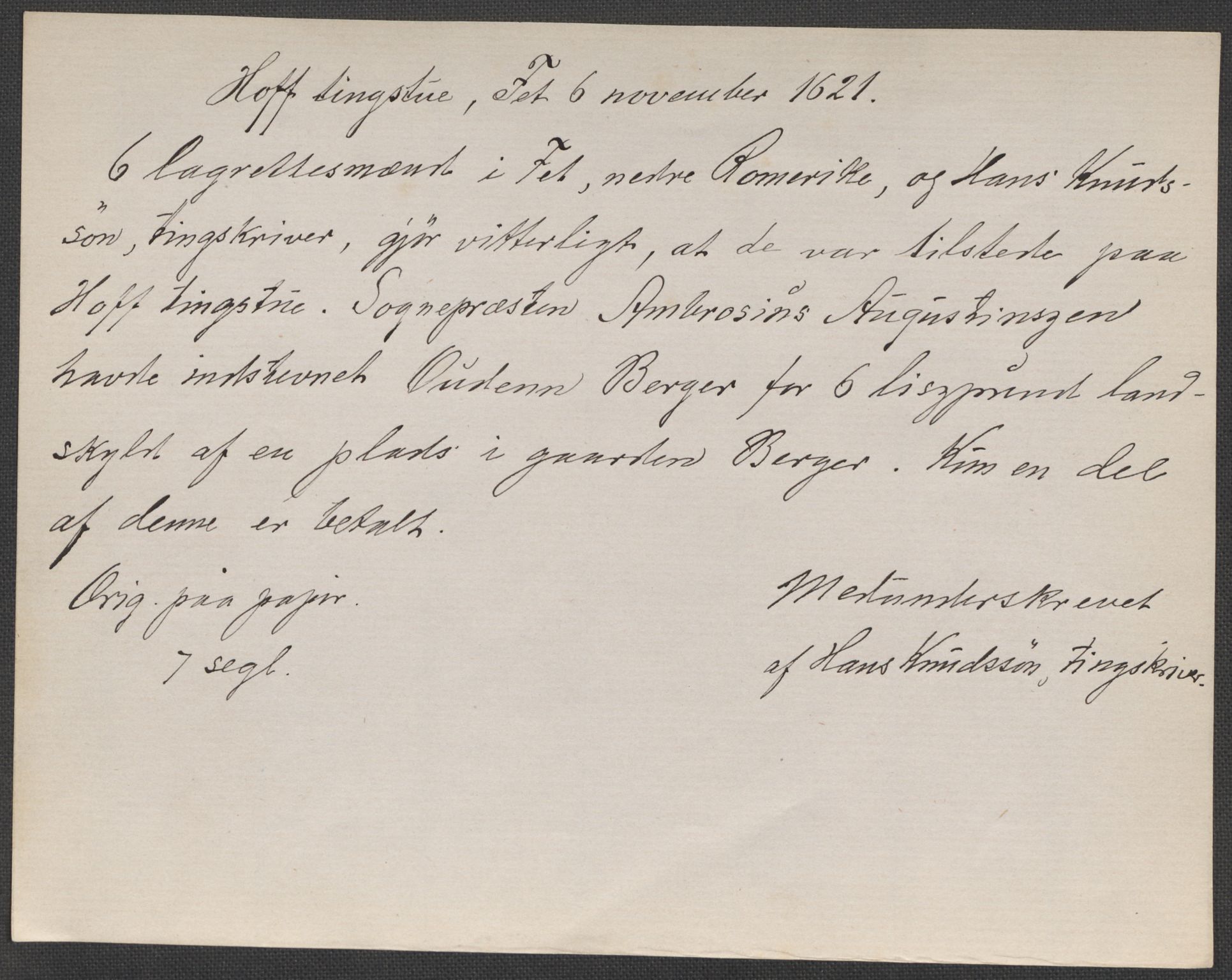 Riksarkivets diplomsamling, AV/RA-EA-5965/F15/L0009: Prestearkiv - Akershus, 1620-1738, p. 42