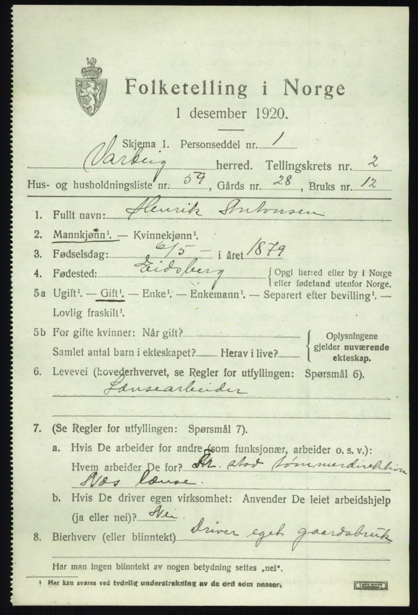 SAO, 1920 census for Varteig, 1920, p. 1815