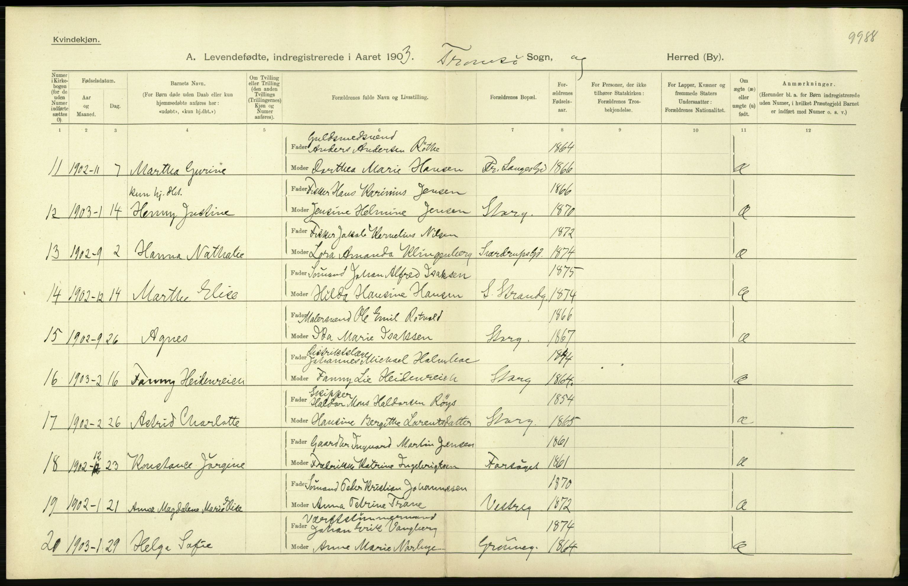 Statistisk sentralbyrå, Sosiodemografiske emner, Befolkning, RA/S-2228/D/Df/Dfa/Dfaa/L0021: Tromsø amt: Fødte, gifte, døde., 1903, p. 296