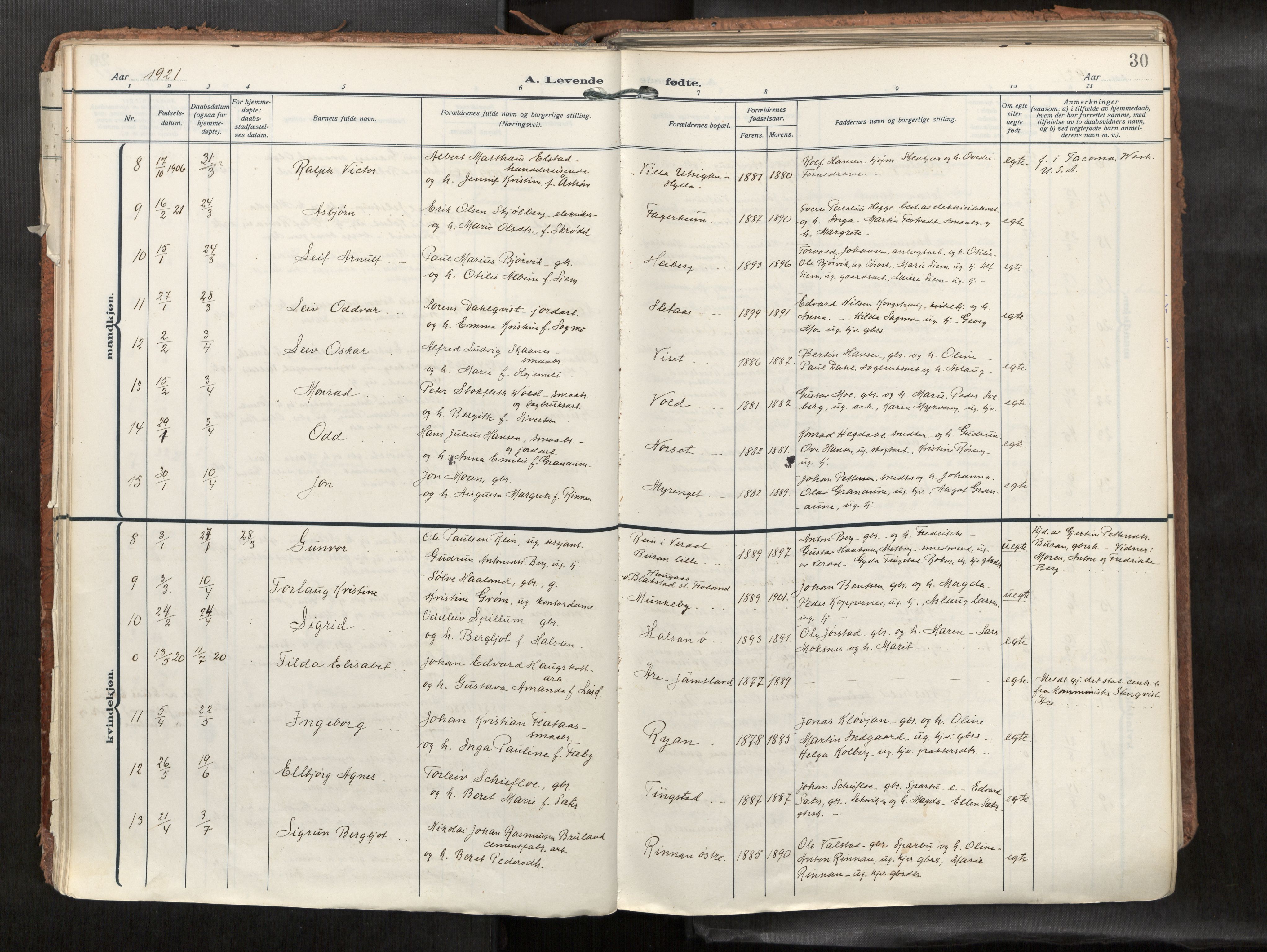 Levanger sokneprestkontor, SAT/A-1301/2/H/Haa/L0002: Parish register (official) no. 2, 1912-1935, p. 30