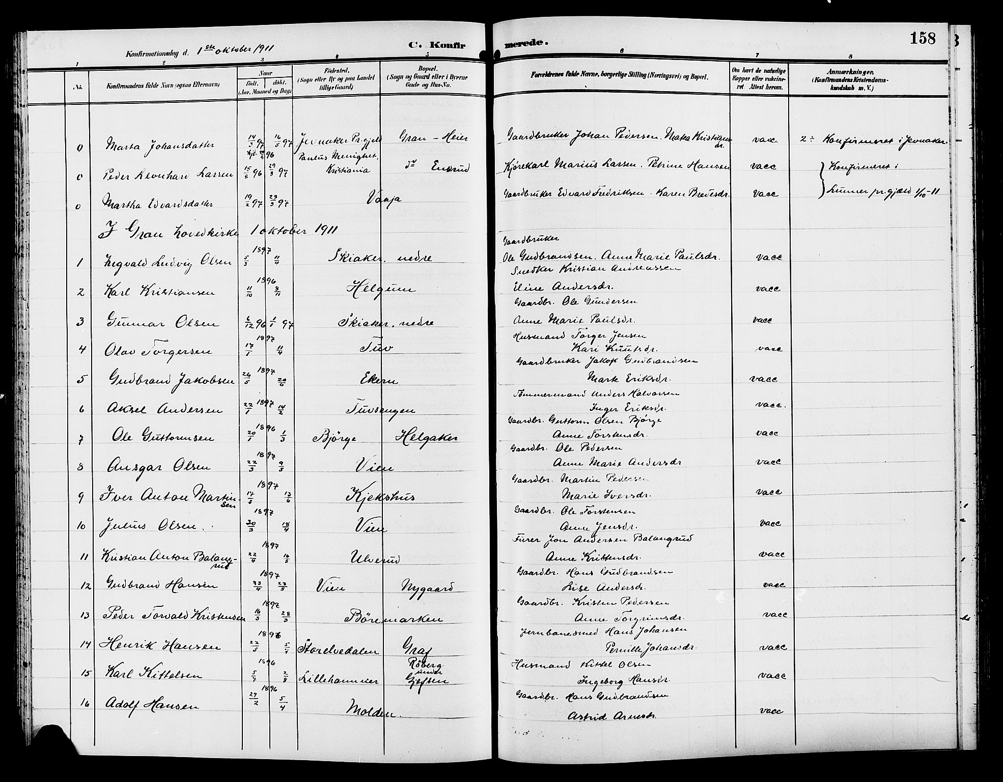 Gran prestekontor, SAH/PREST-112/H/Ha/Hab/L0006: Parish register (copy) no. 6, 1901-1911, p. 158