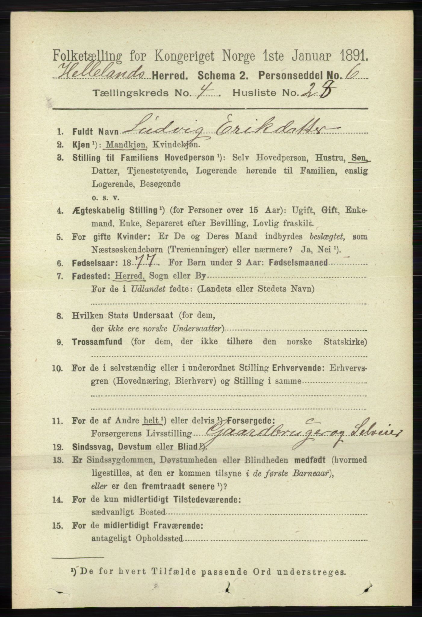 RA, 1891 census for 1115 Helleland, 1891, p. 1331