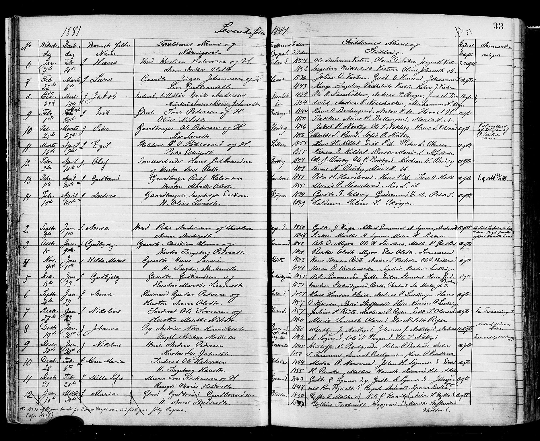 Jevnaker prestekontor, AV/SAH-PREST-116/H/Ha/Haa/L0008: Parish register (official) no. 8, 1877-1890, p. 33