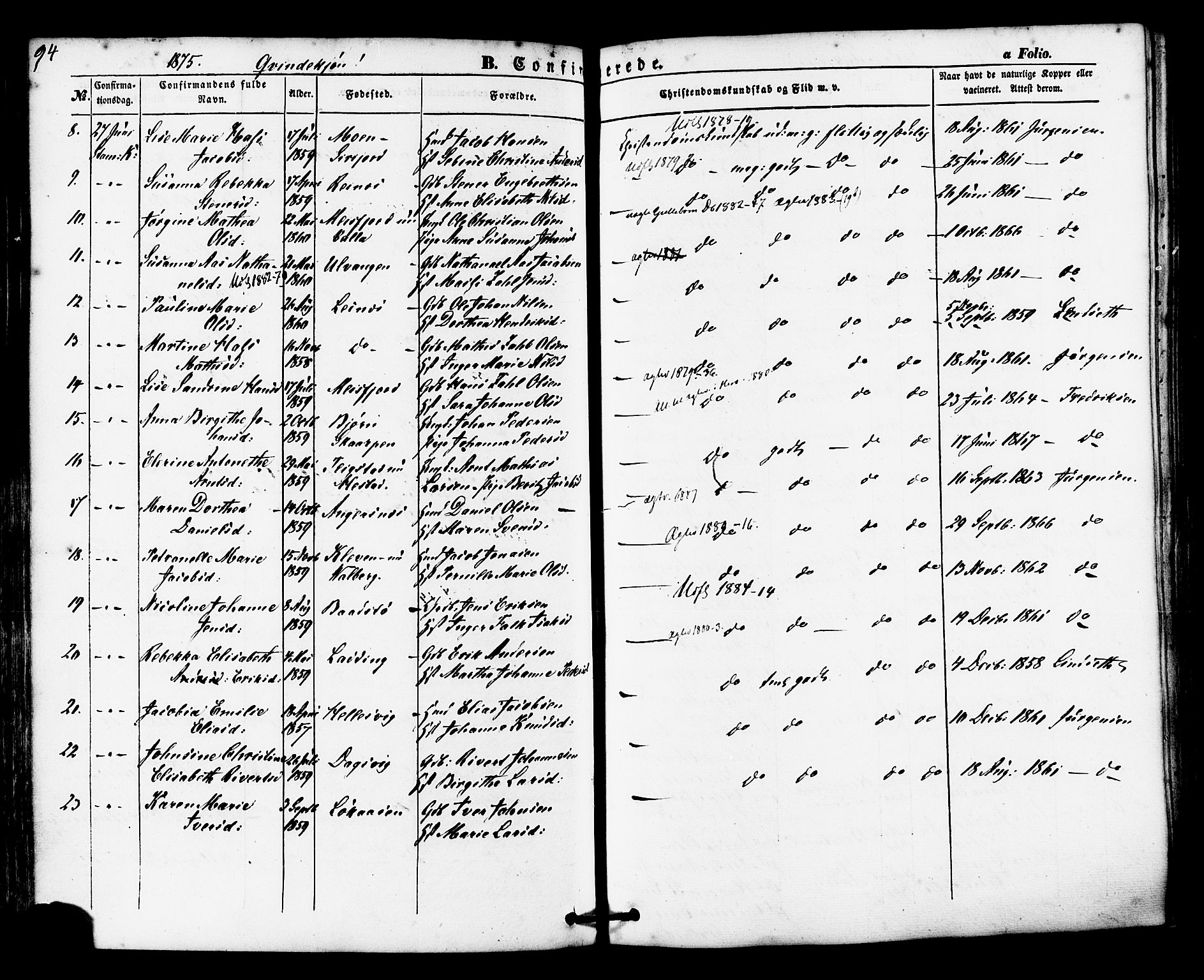 Ministerialprotokoller, klokkerbøker og fødselsregistre - Nordland, AV/SAT-A-1459/830/L0448: Parish register (official) no. 830A12, 1855-1878, p. 94