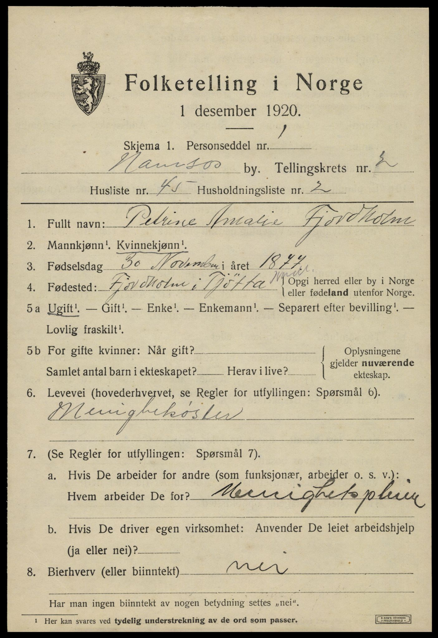 SAT, 1920 census for Namsos, 1920, p. 3749