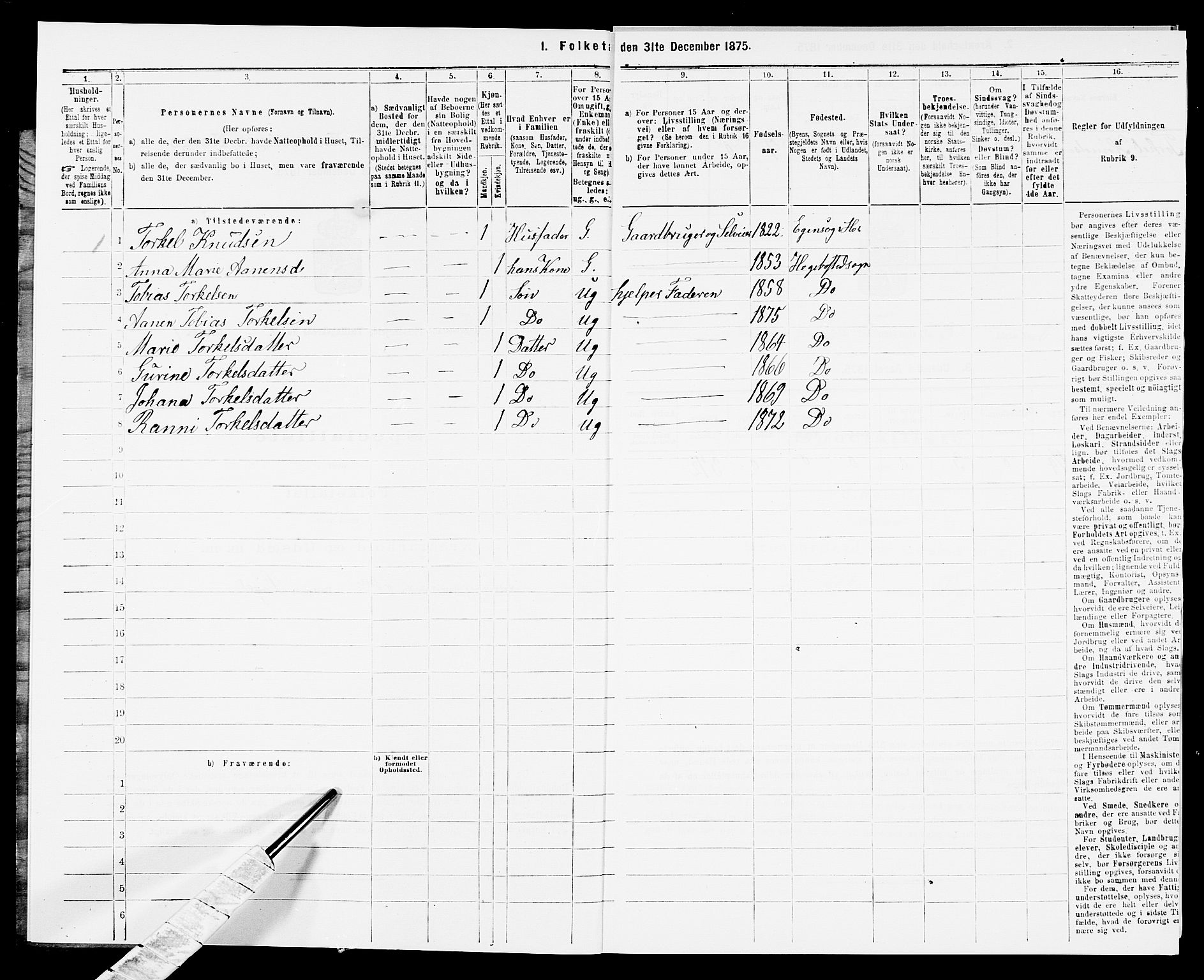 SAK, 1875 census for 1034P Hægebostad, 1875, p. 202