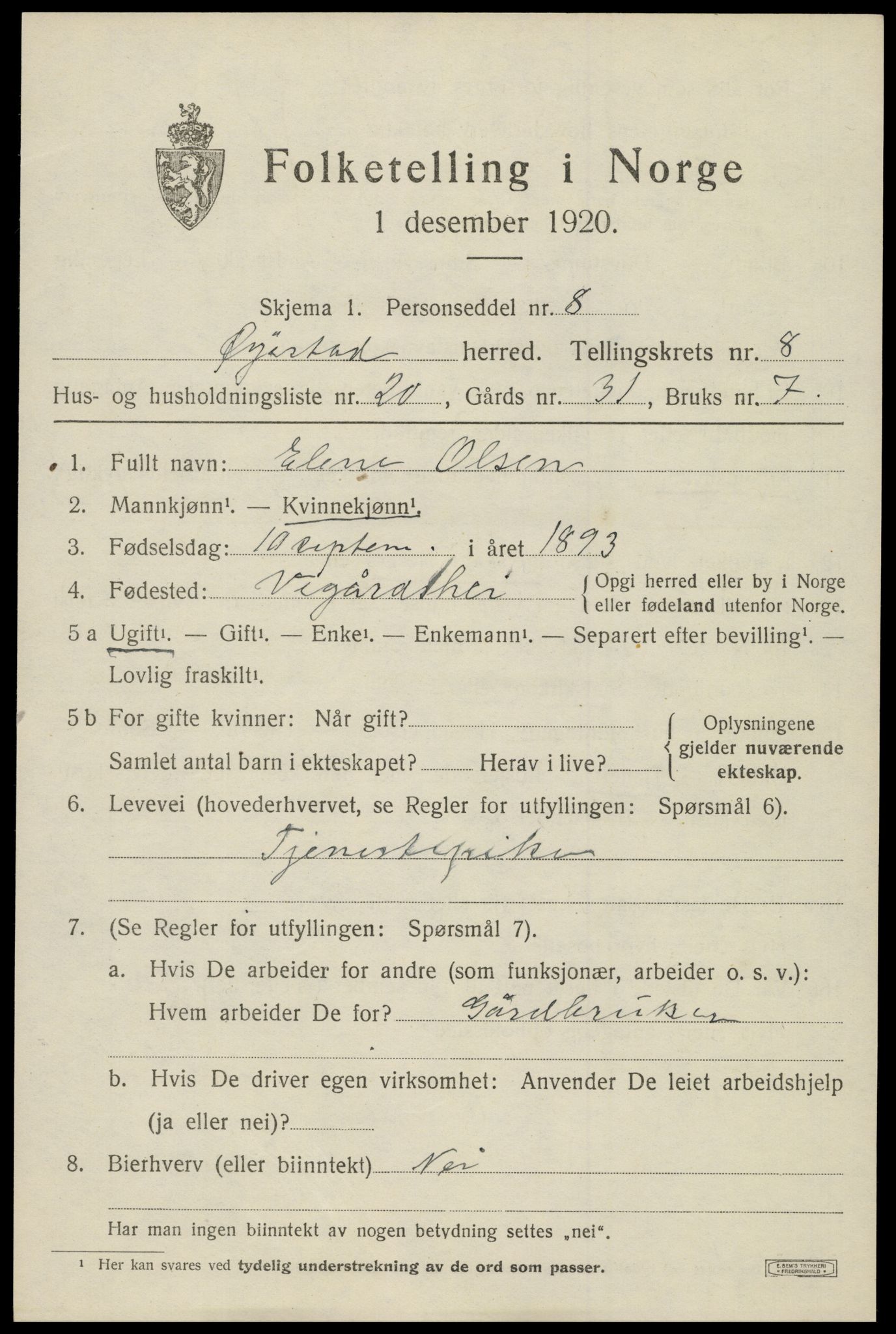 SAK, 1920 census for Øyestad, 1920, p. 5412