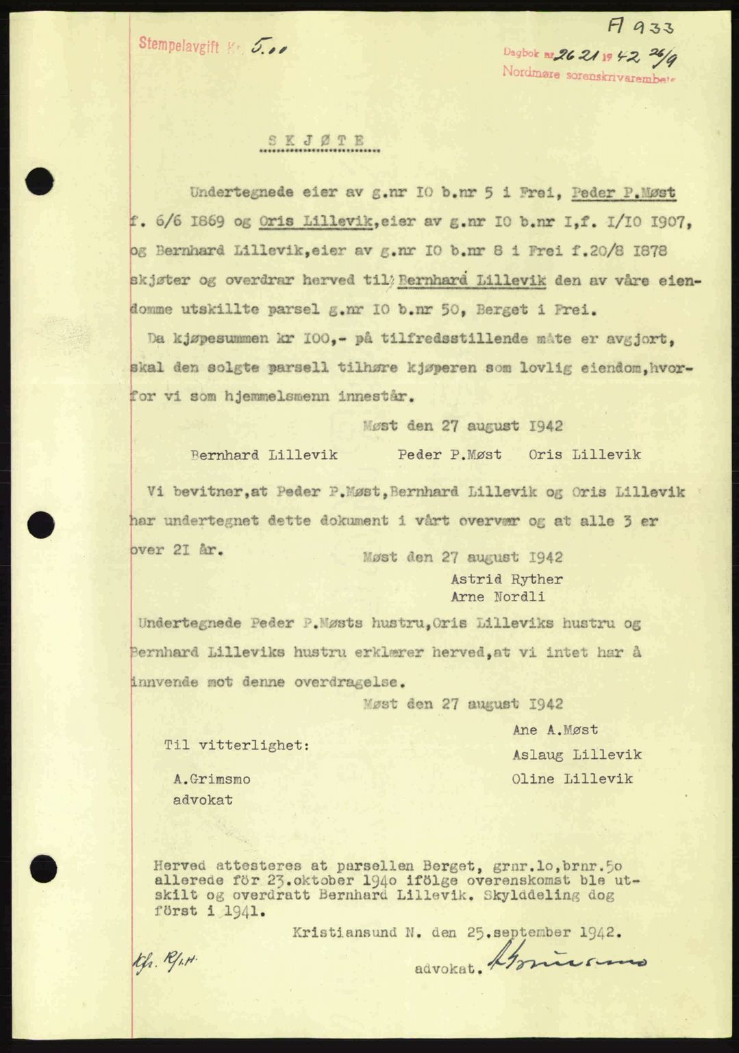 Nordmøre sorenskriveri, AV/SAT-A-4132/1/2/2Ca: Mortgage book no. A93, 1942-1942, Diary no: : 2621/1942