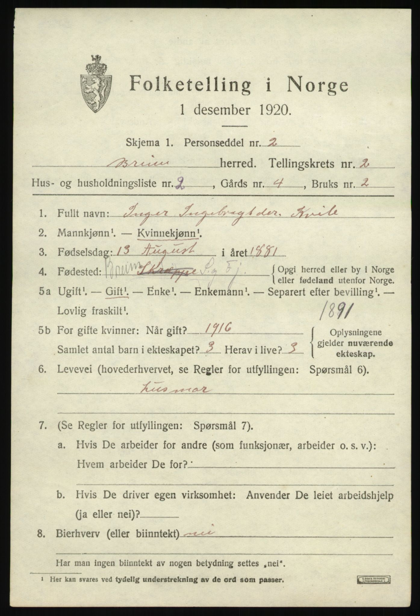 SAB, 1920 census for Breim, 1920, p. 819