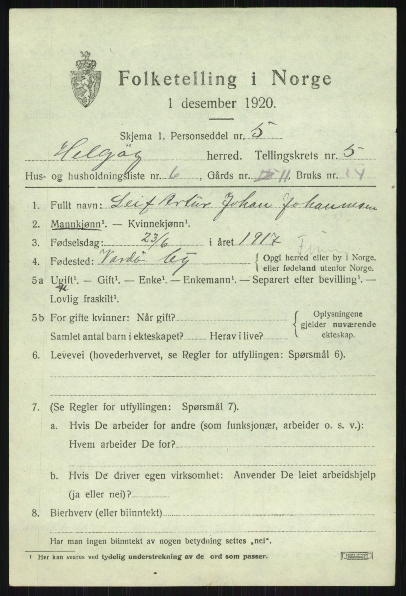 SATØ, 1920 census for Helgøy, 1920, p. 2009
