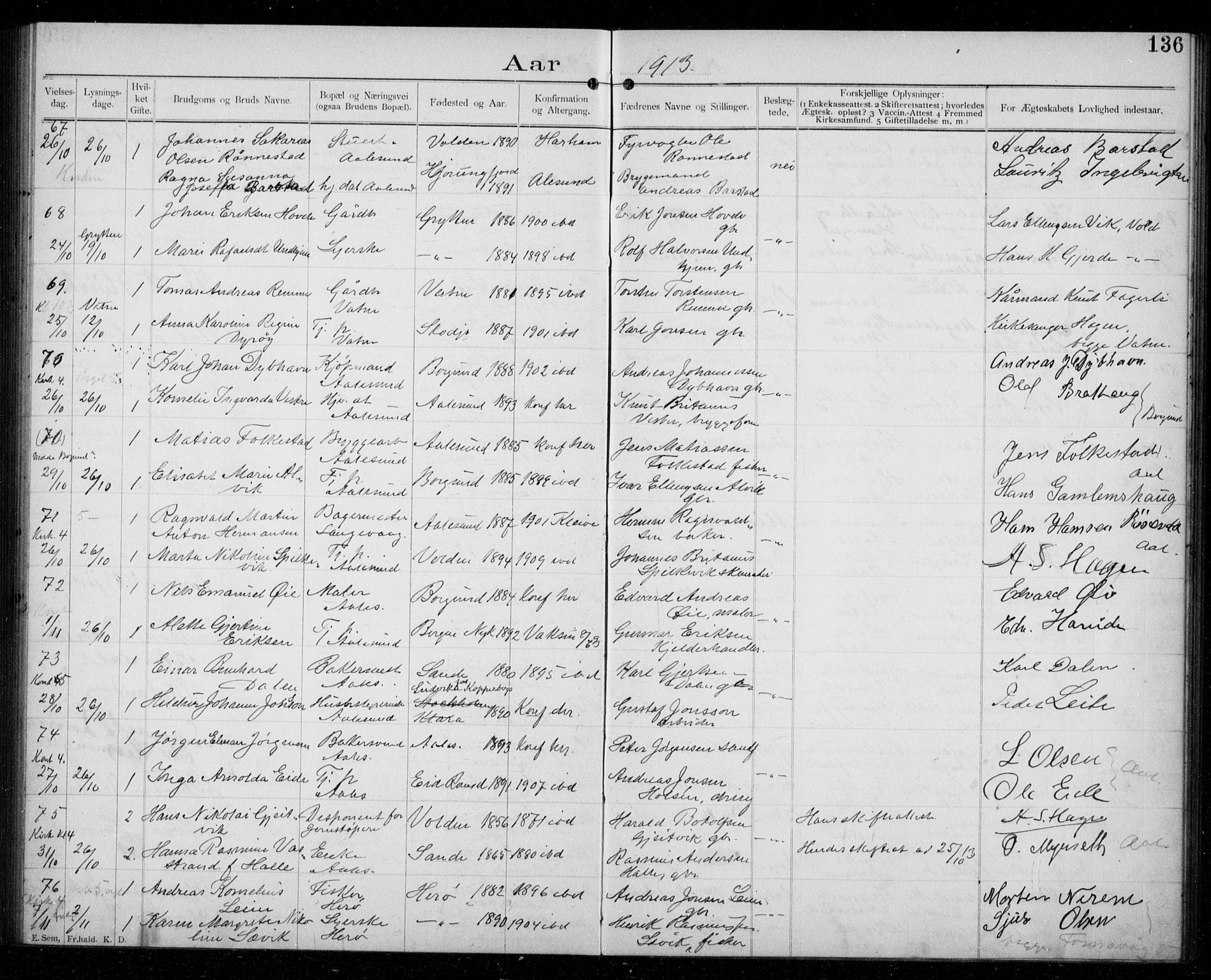 Ministerialprotokoller, klokkerbøker og fødselsregistre - Møre og Romsdal, AV/SAT-A-1454/529/L0458: Banns register no. 529A08, 1901-1918, p. 136