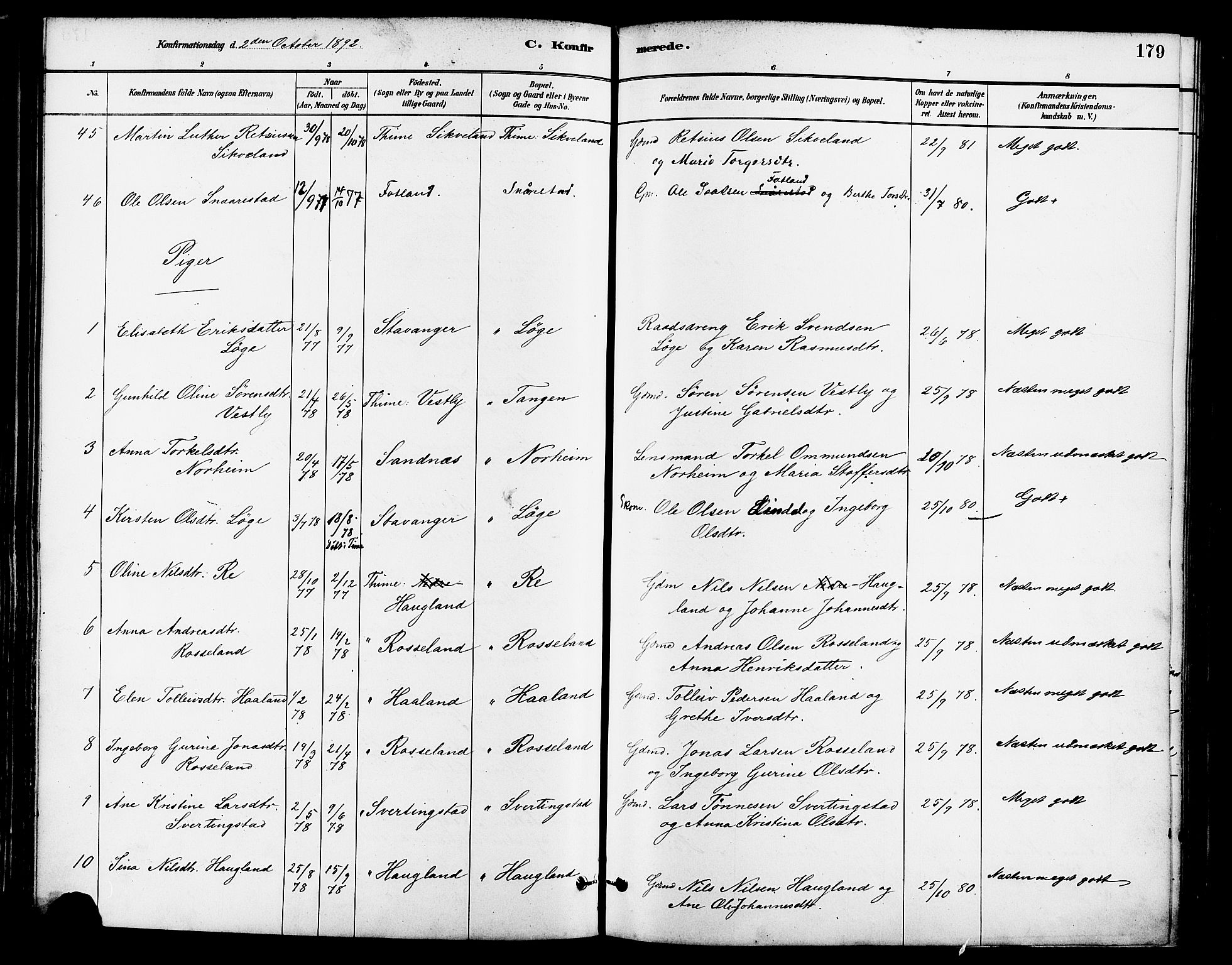 Lye sokneprestkontor, AV/SAST-A-101794/001/30BA/L0009: Parish register (official) no. A 8, 1881-1892, p. 179