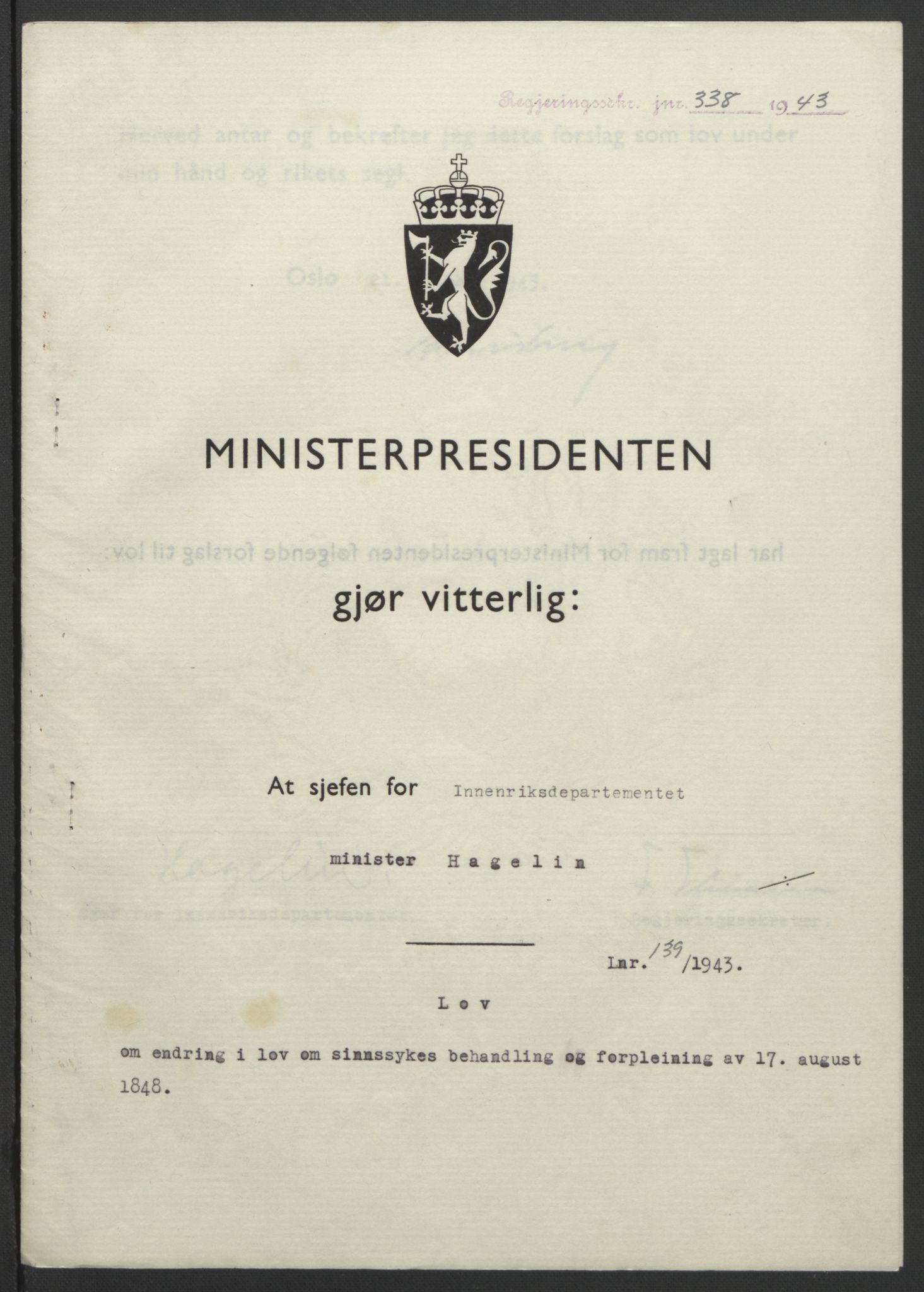NS-administrasjonen 1940-1945 (Statsrådsekretariatet, de kommisariske statsråder mm), RA/S-4279/D/Db/L0099: Lover, 1943, p. 648