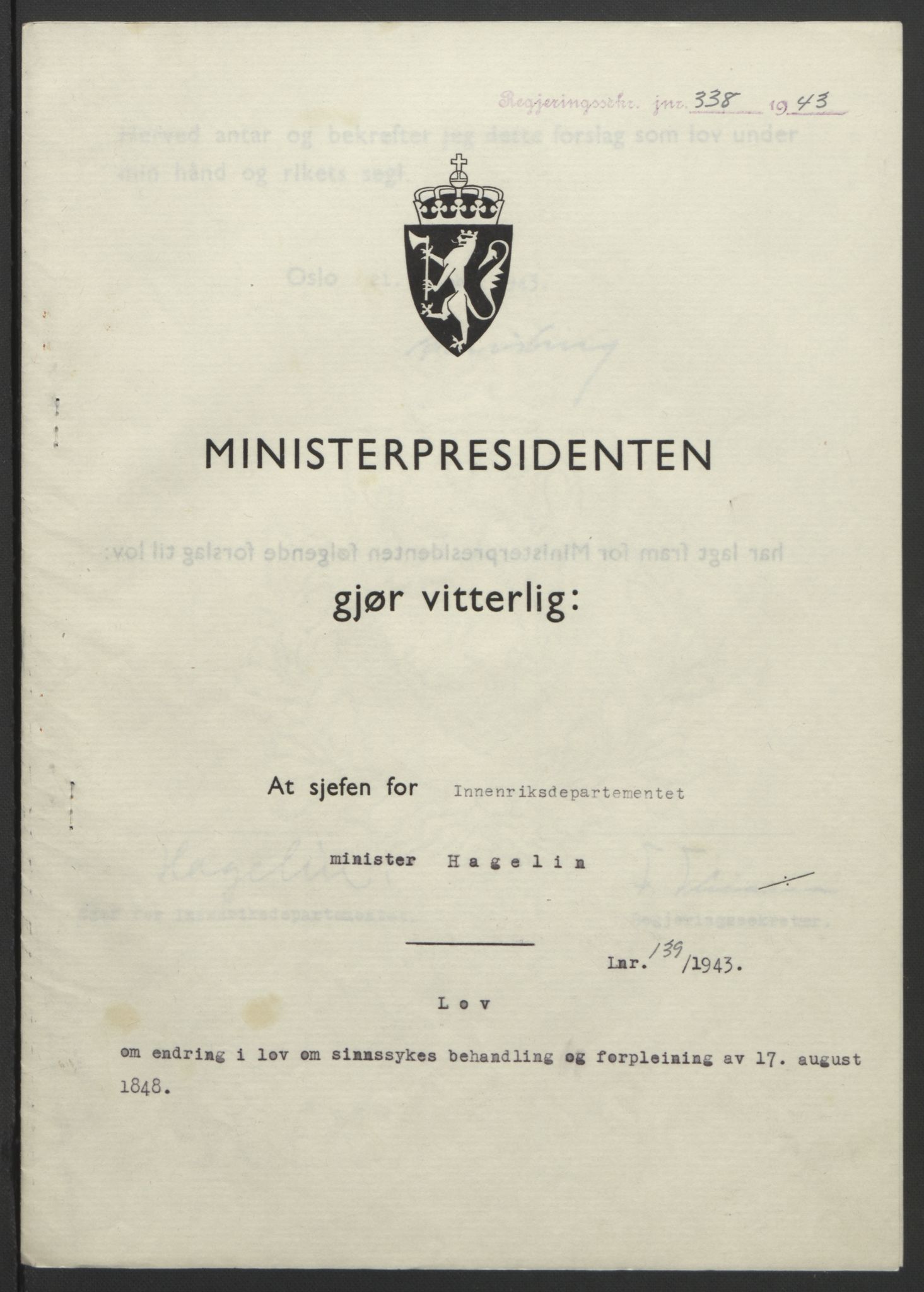 NS-administrasjonen 1940-1945 (Statsrådsekretariatet, de kommisariske statsråder mm), AV/RA-S-4279/D/Db/L0099: Lover, 1943, p. 648