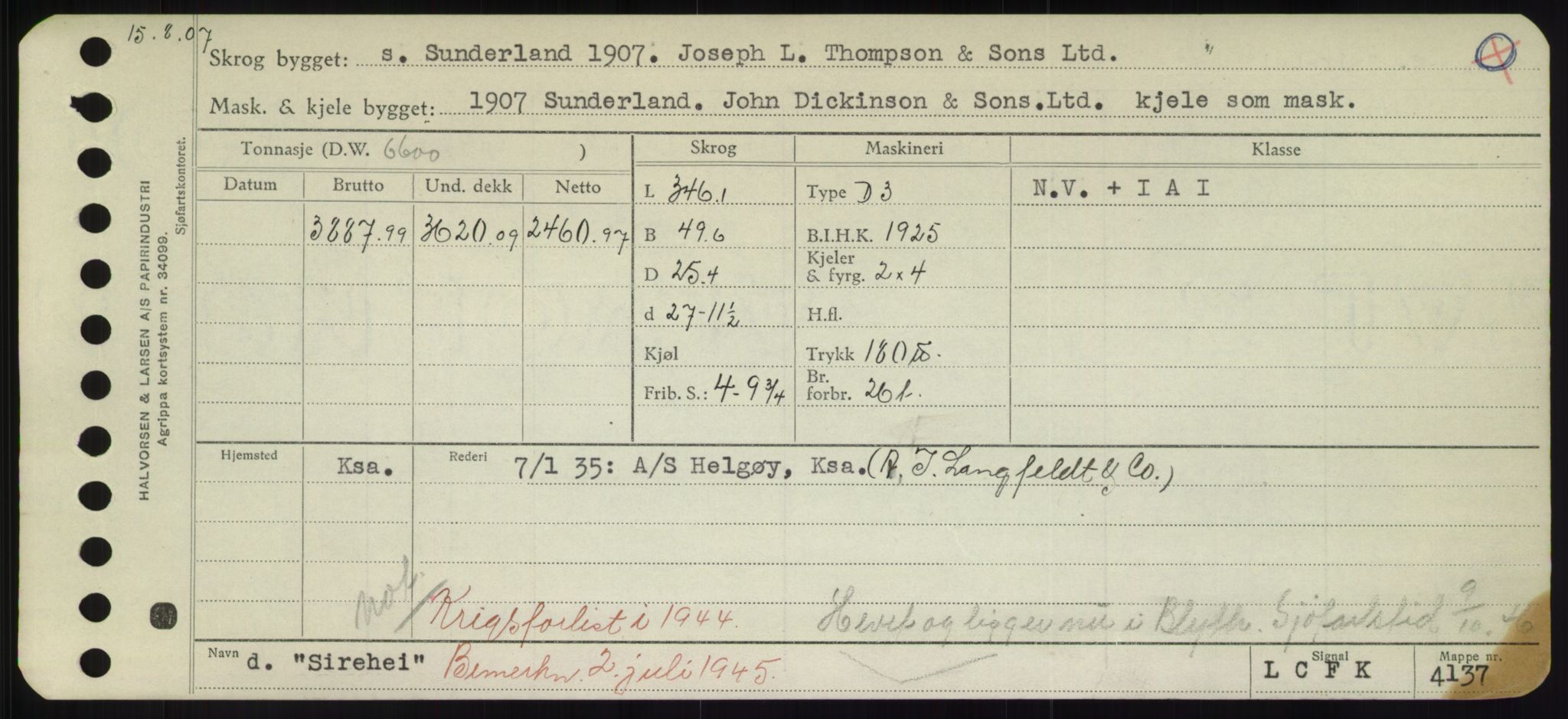 Sjøfartsdirektoratet med forløpere, Skipsmålingen, RA/S-1627/H/Hd/L0033: Fartøy, Sevi-Sjø, p. 257