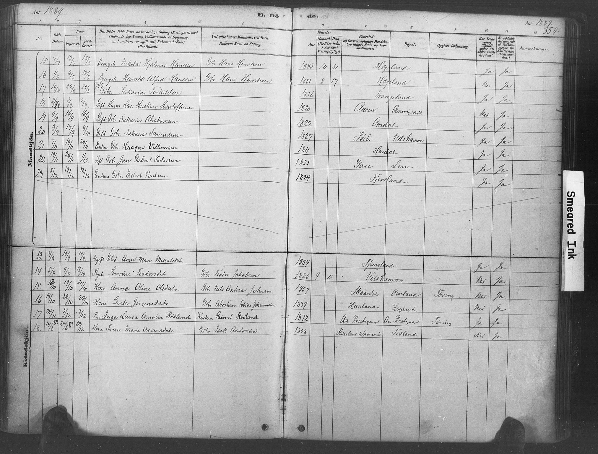 Lyngdal sokneprestkontor, AV/SAK-1111-0029/F/Fa/Fac/L0011: Parish register (official) no. A 11, 1878-1893, p. 354