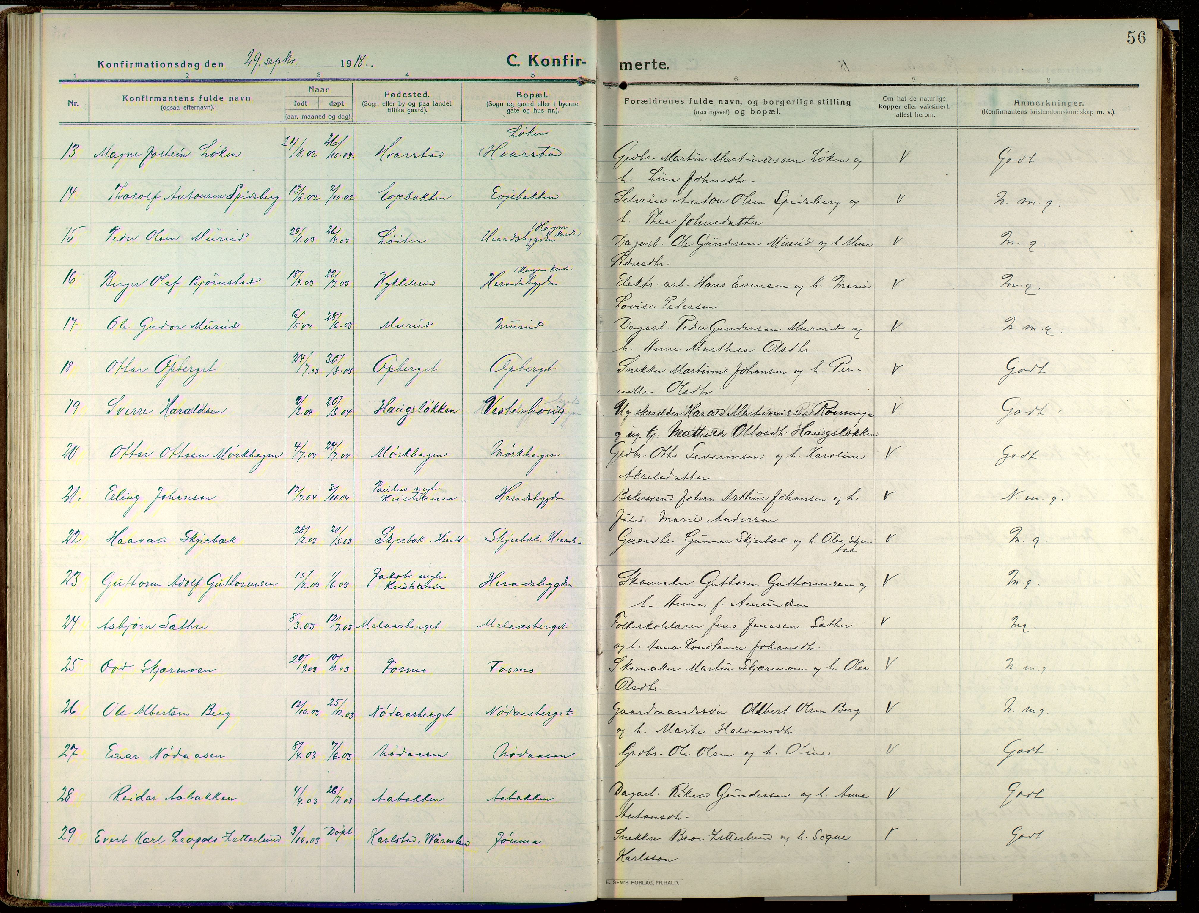 Elverum prestekontor, AV/SAH-PREST-044/H/Ha/Haa/L0023: Parish register (official) no. 23, 1914-1929, p. 56