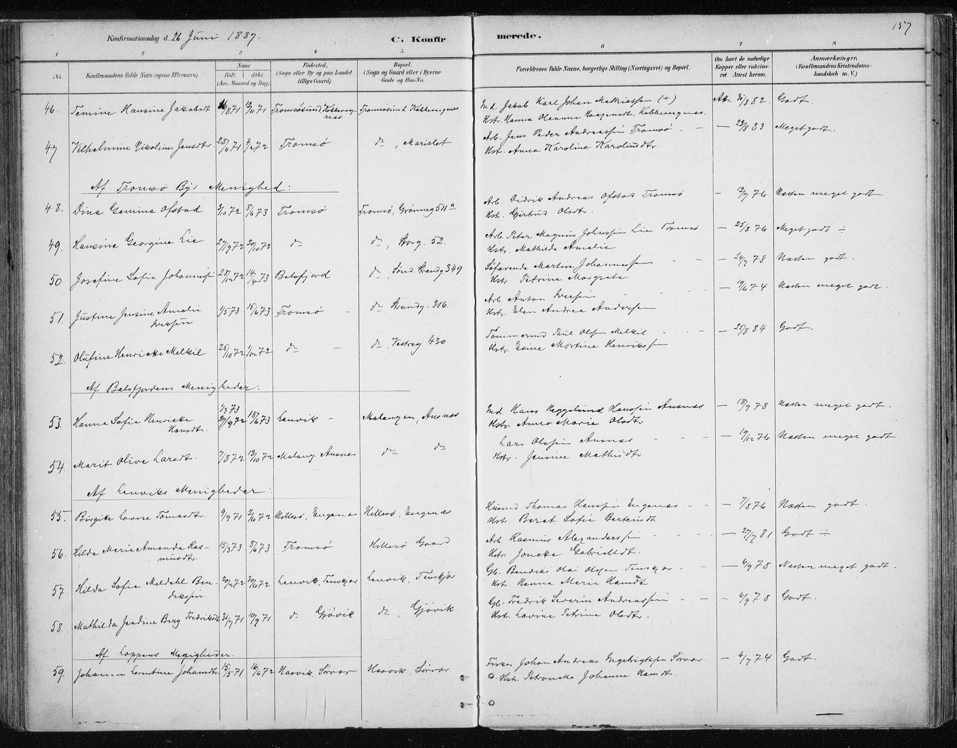 Tromsøysund sokneprestkontor, AV/SATØ-S-1304/G/Ga/L0004kirke: Parish register (official) no. 4, 1880-1888, p. 157