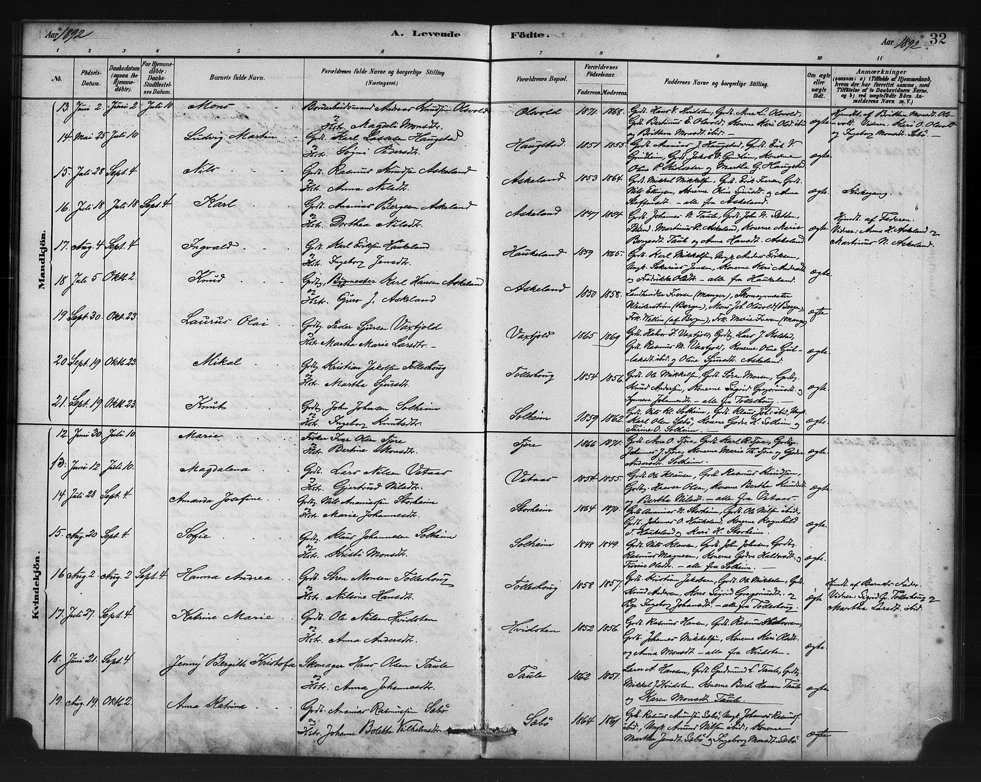 Manger sokneprestembete, AV/SAB-A-76801/H/Haa: Parish register (official) no. D 1, 1881-1892, p. 32