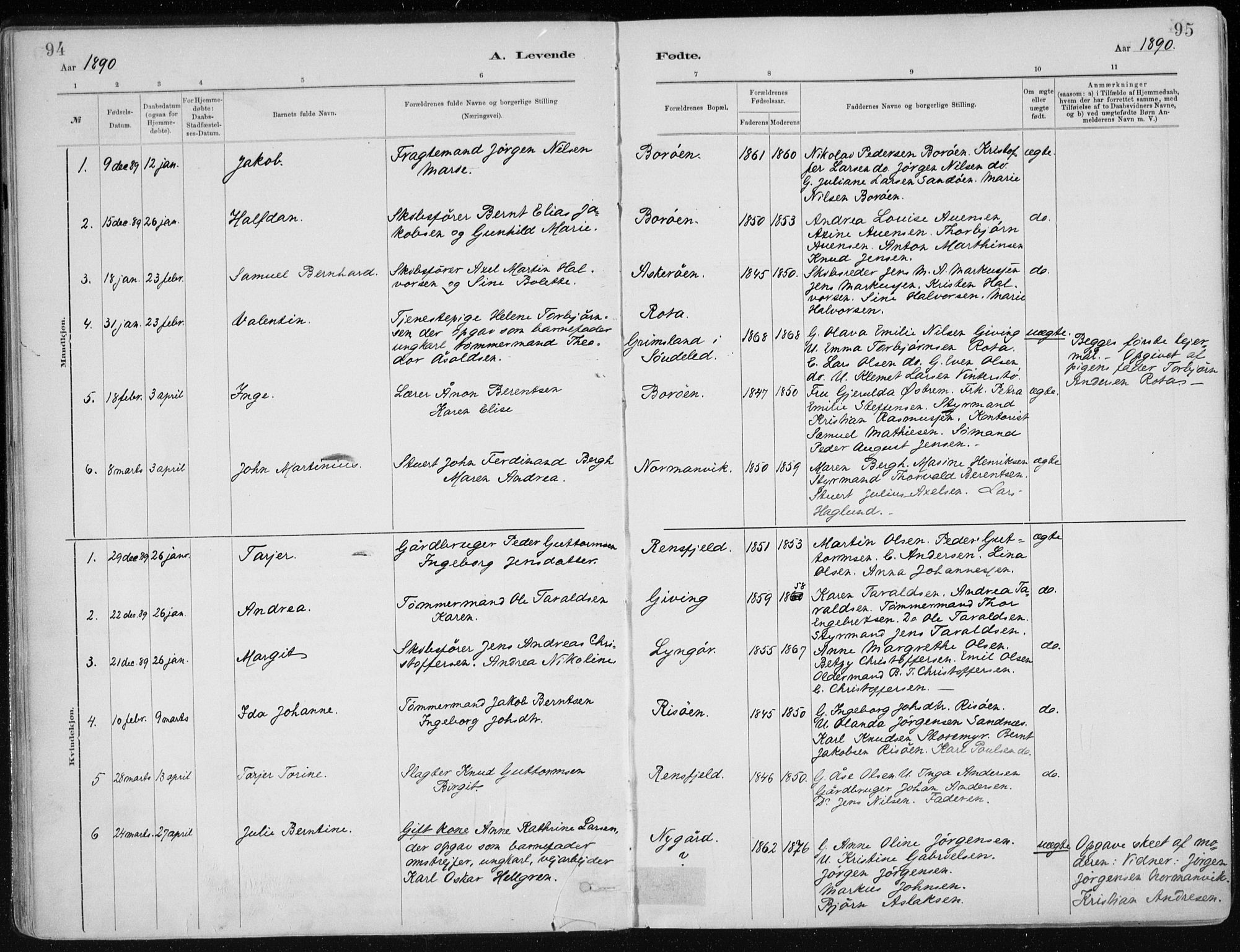 Dypvåg sokneprestkontor, SAK/1111-0007/F/Fa/Faa/L0008: Parish register (official) no. A 8, 1885-1906, p. 94-95