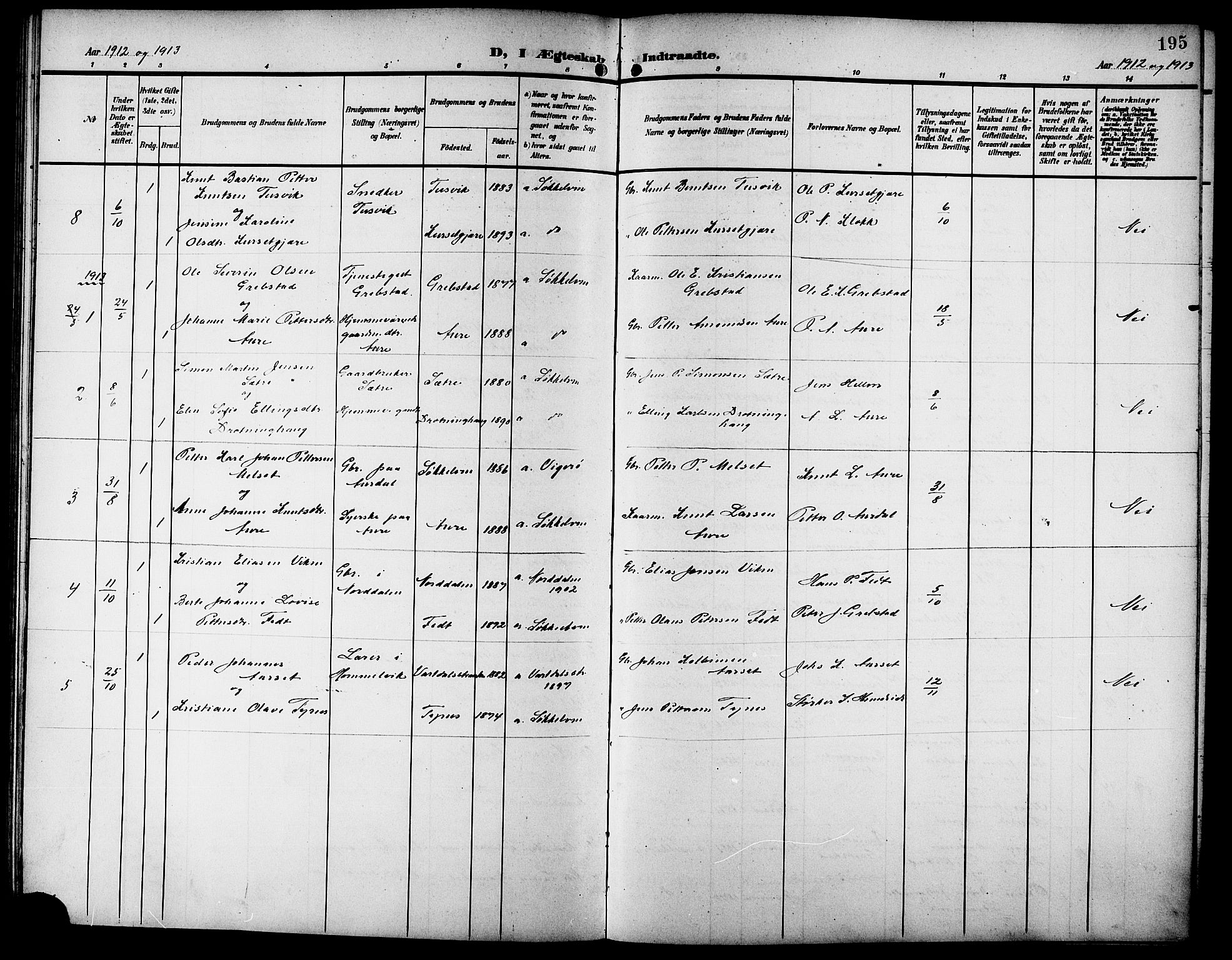 Ministerialprotokoller, klokkerbøker og fødselsregistre - Møre og Romsdal, SAT/A-1454/523/L0341: Parish register (copy) no. 523C04, 1903-1916, p. 195