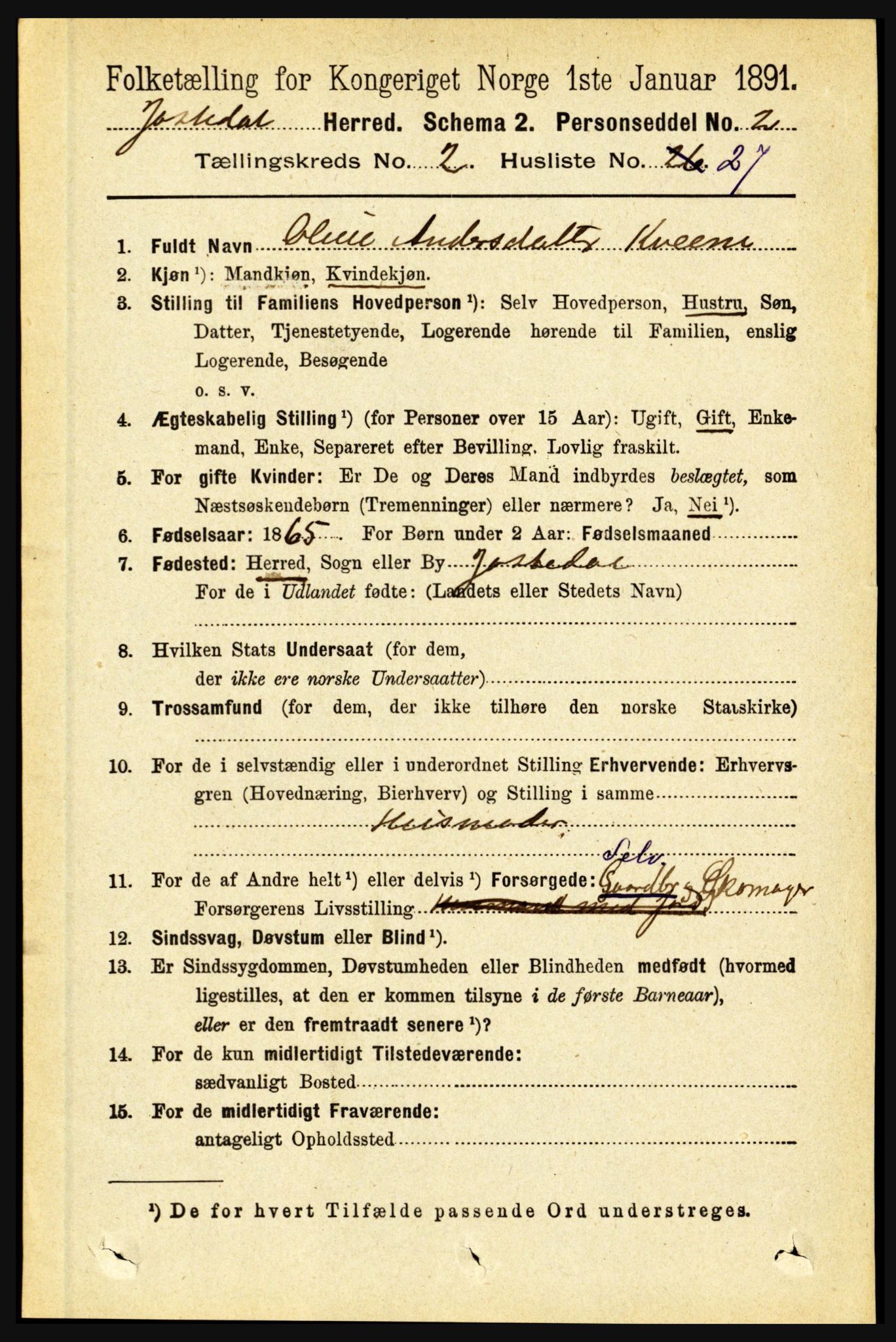 RA, 1891 census for 1427 Jostedal, 1891, p. 709
