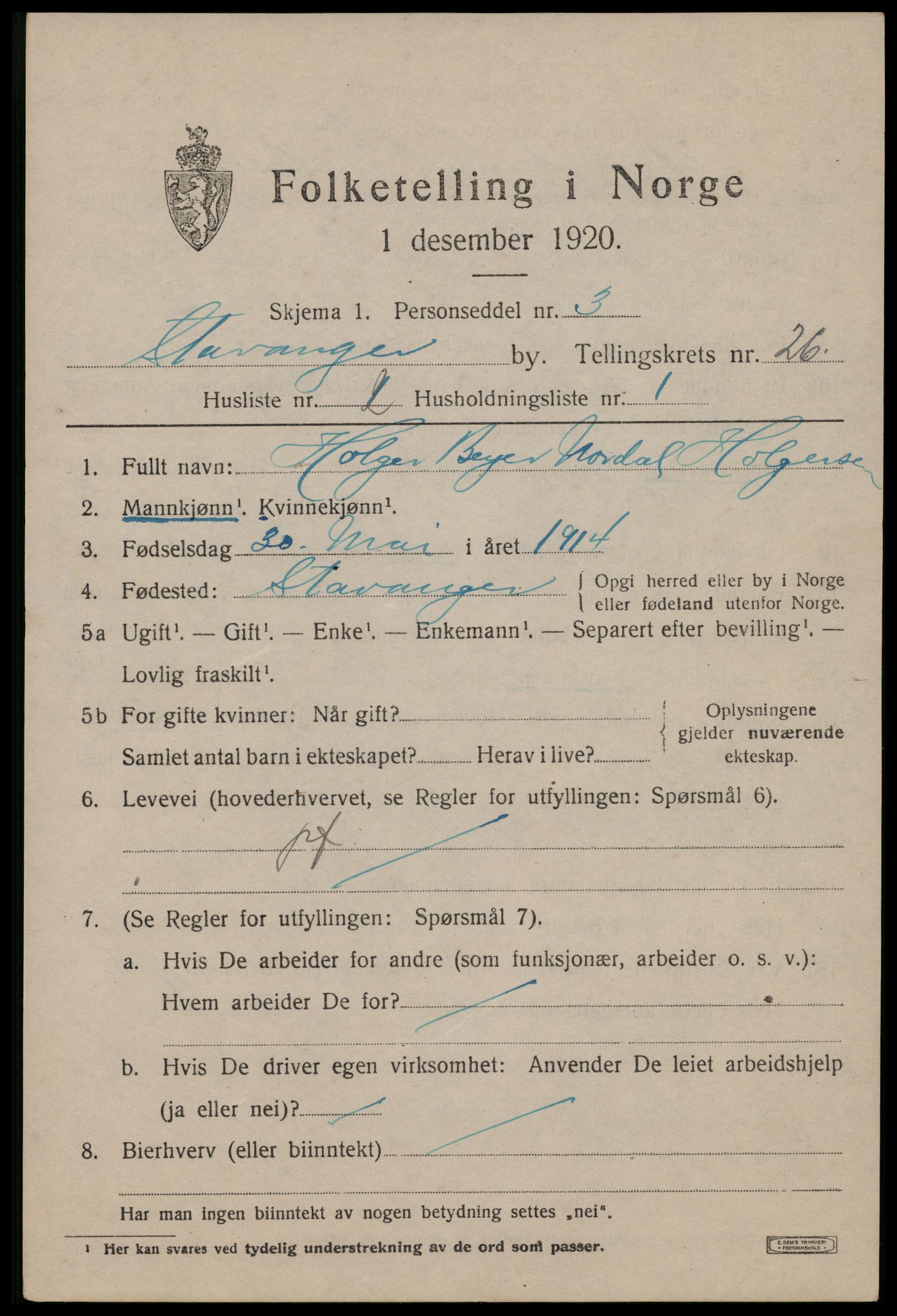 SAST, 1920 census for Stavanger, 1920, p. 77796