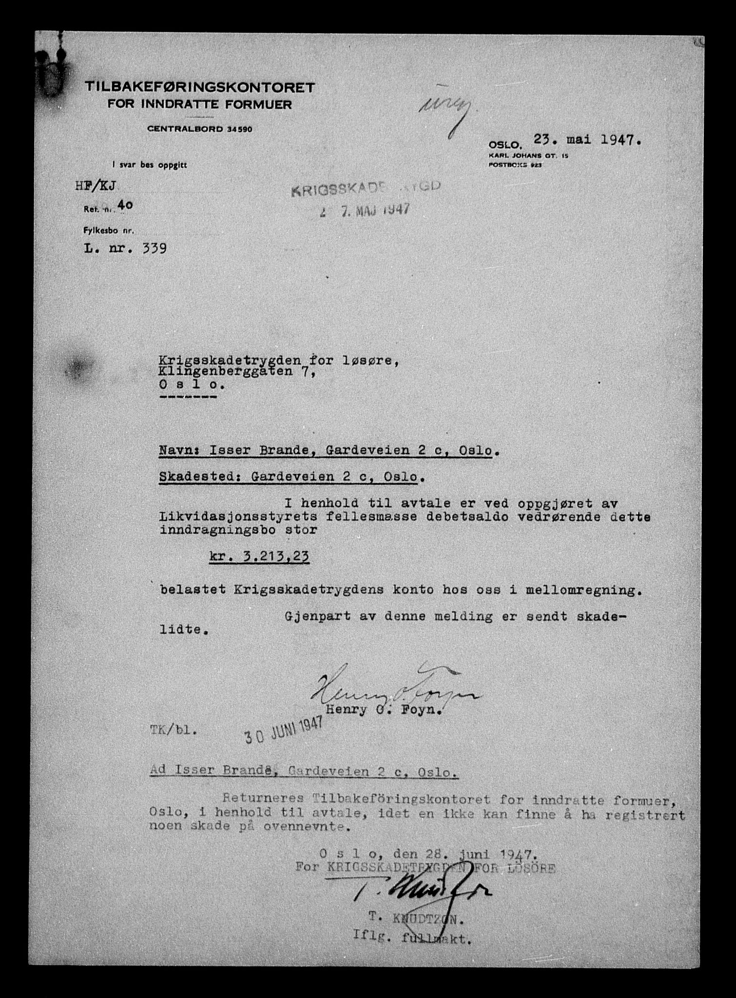 Justisdepartementet, Tilbakeføringskontoret for inndratte formuer, AV/RA-S-1564/H/Hc/Hcc/L0928: --, 1945-1947, p. 5