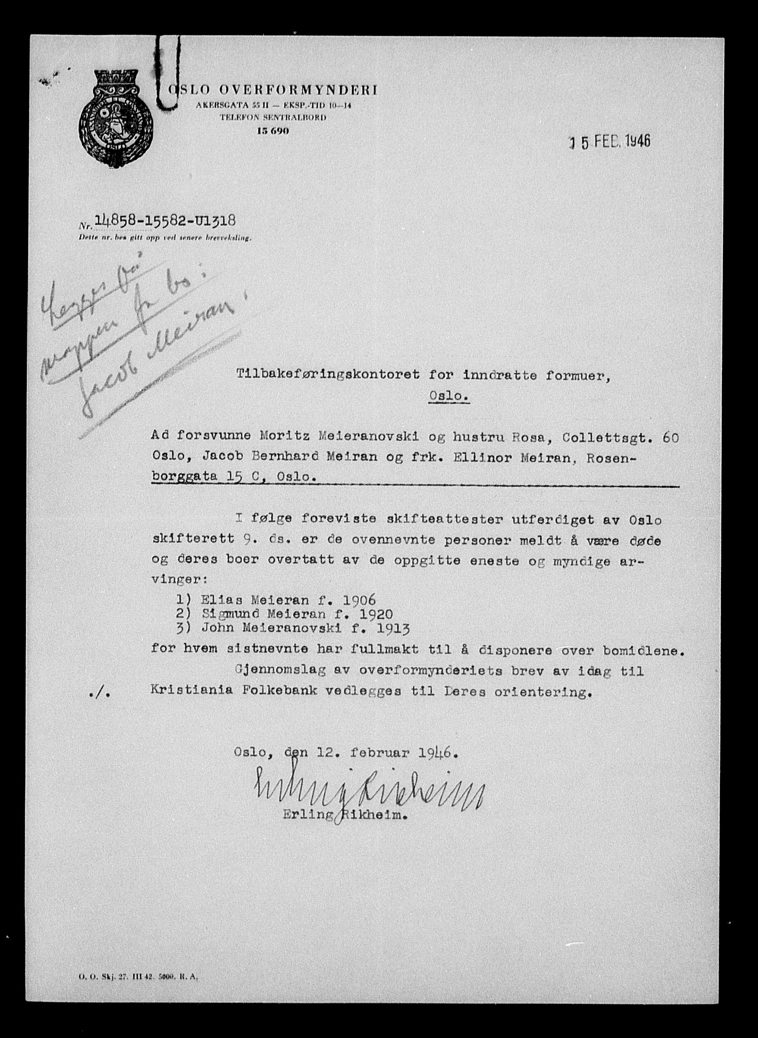 Justisdepartementet, Tilbakeføringskontoret for inndratte formuer, AV/RA-S-1564/H/Hc/Hcc/L0963: --, 1945-1947, p. 249