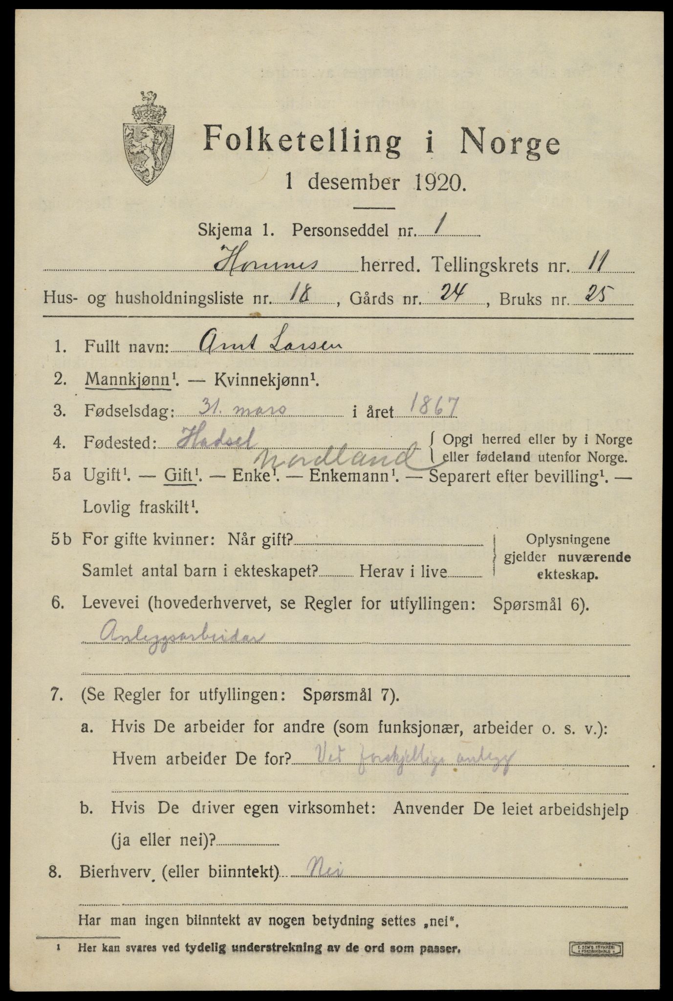 SAK, 1920 census for Hornnes, 1920, p. 2845