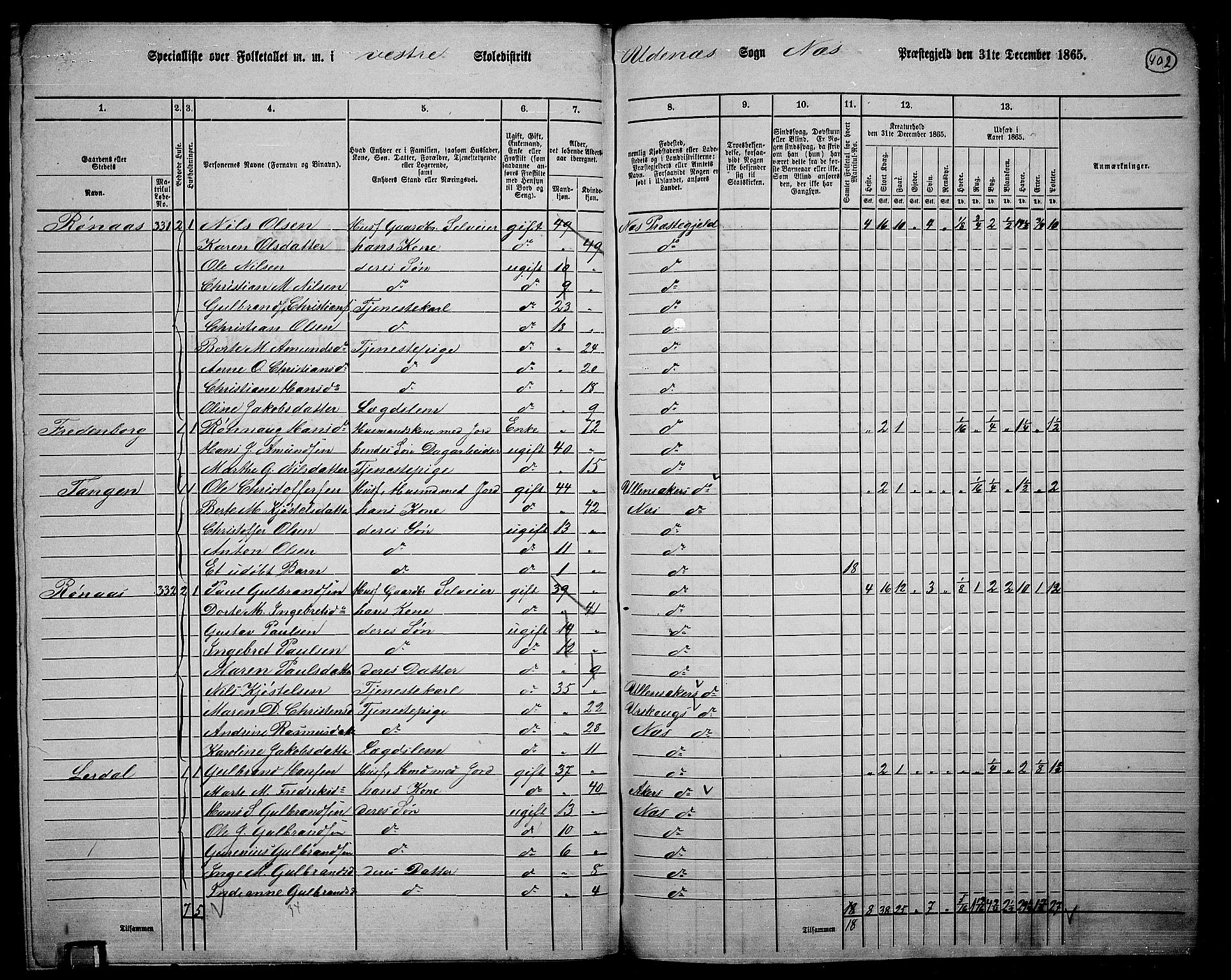 RA, 1865 census for Nes, 1865, p. 368