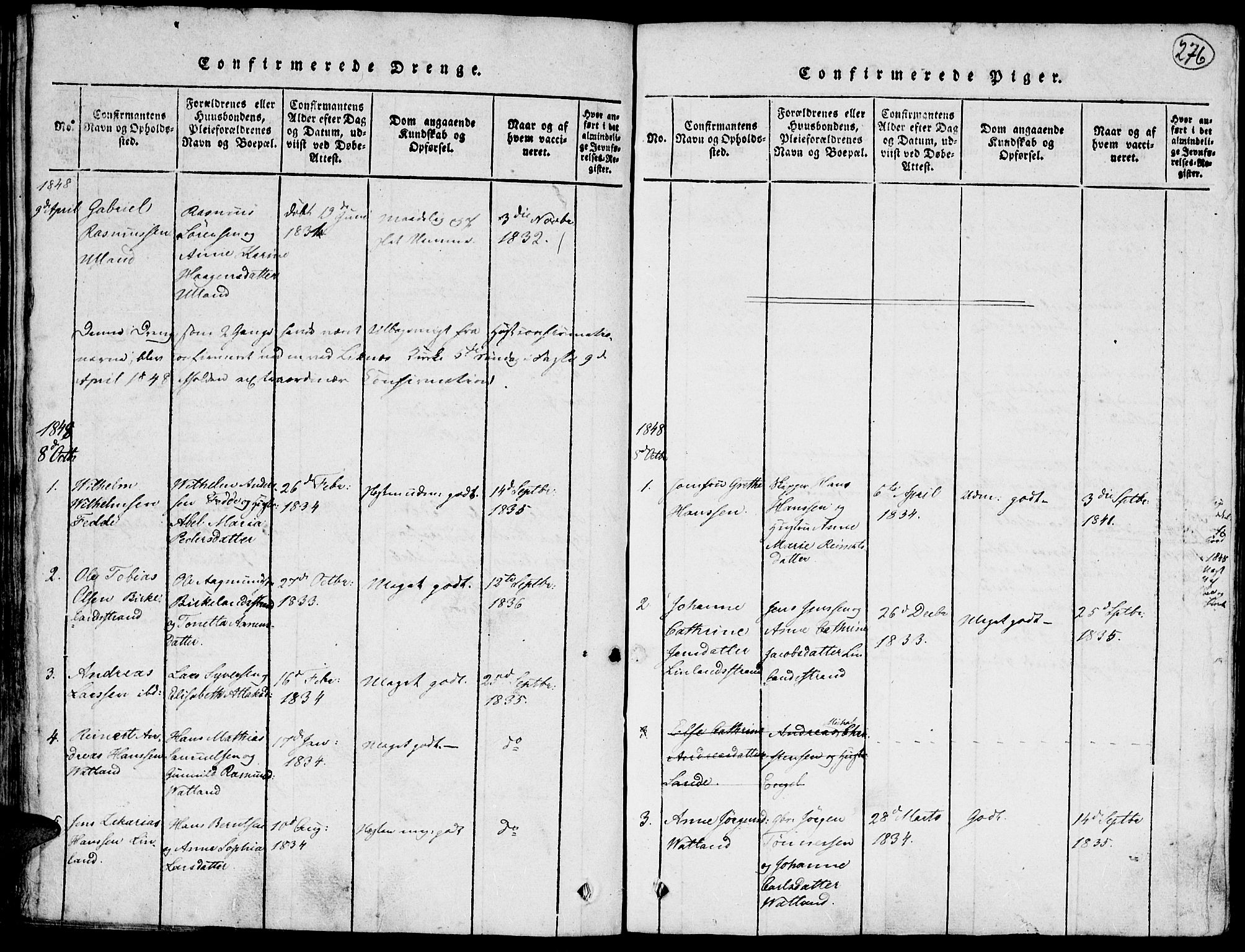 Kvinesdal sokneprestkontor, SAK/1111-0026/F/Fa/Faa/L0001: Parish register (official) no. A 1, 1815-1849, p. 276