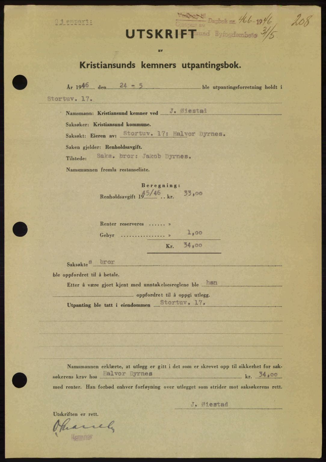 Kristiansund byfogd, AV/SAT-A-4587/A/27: Mortgage book no. 40, 1946-1946, Diary no: : 466/1946