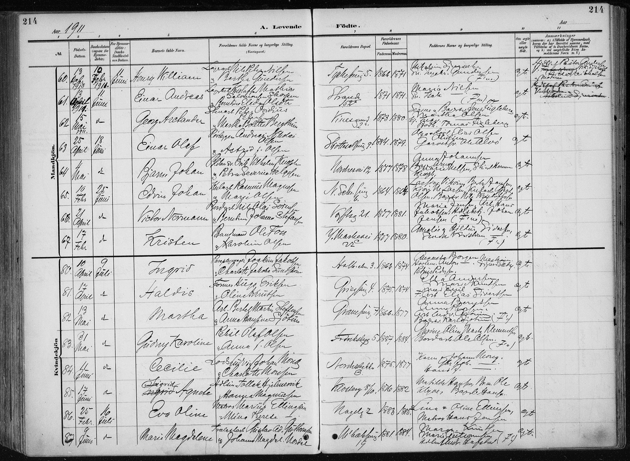 Nykirken Sokneprestembete, AV/SAB-A-77101/H/Haa/L0019: Parish register (official) no. B 7, 1904-1916, p. 214