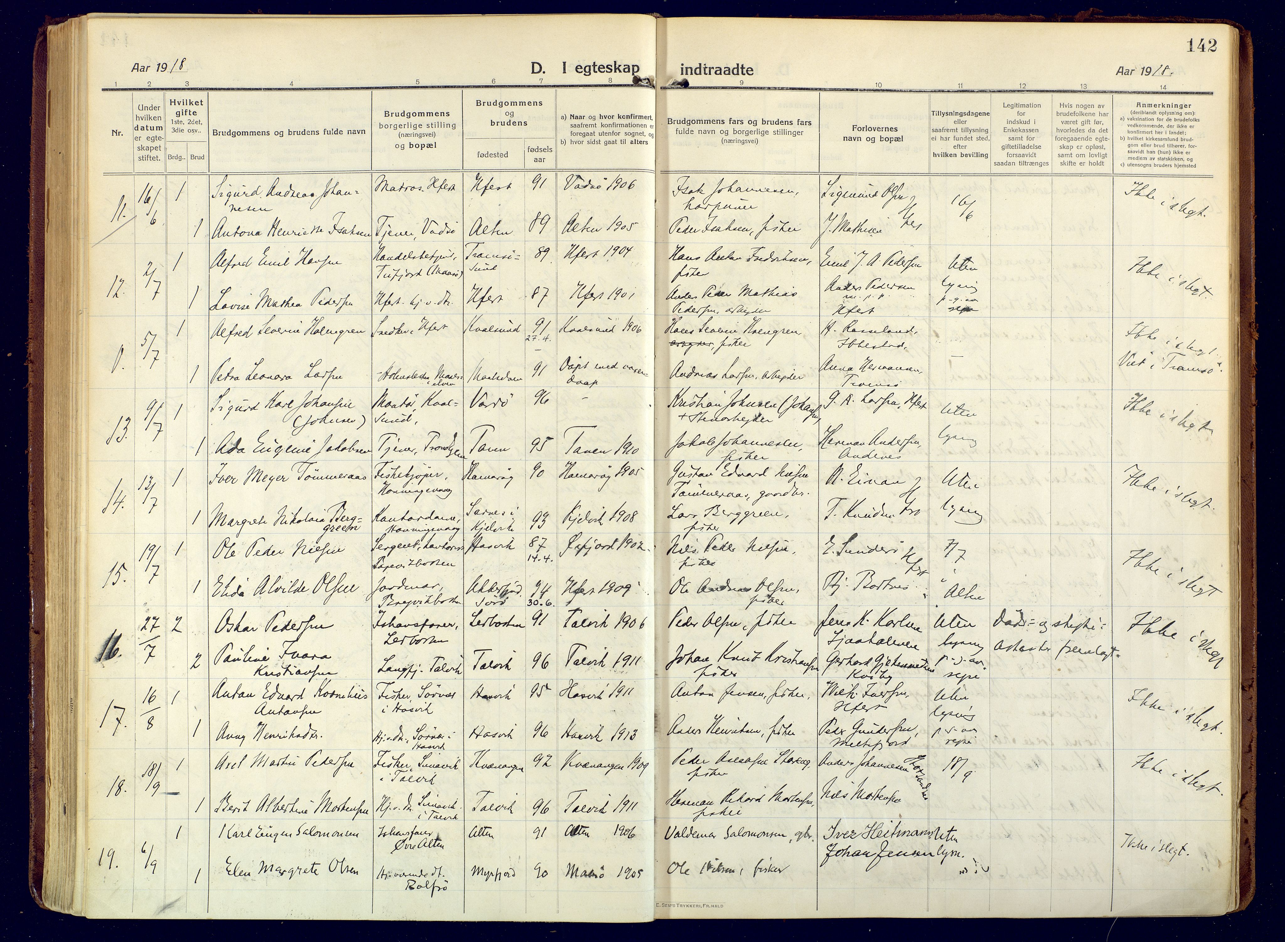 Hammerfest sokneprestkontor, SATØ/S-1347/H/Ha/L0015.kirke: Parish register (official) no. 15, 1916-1923, p. 142