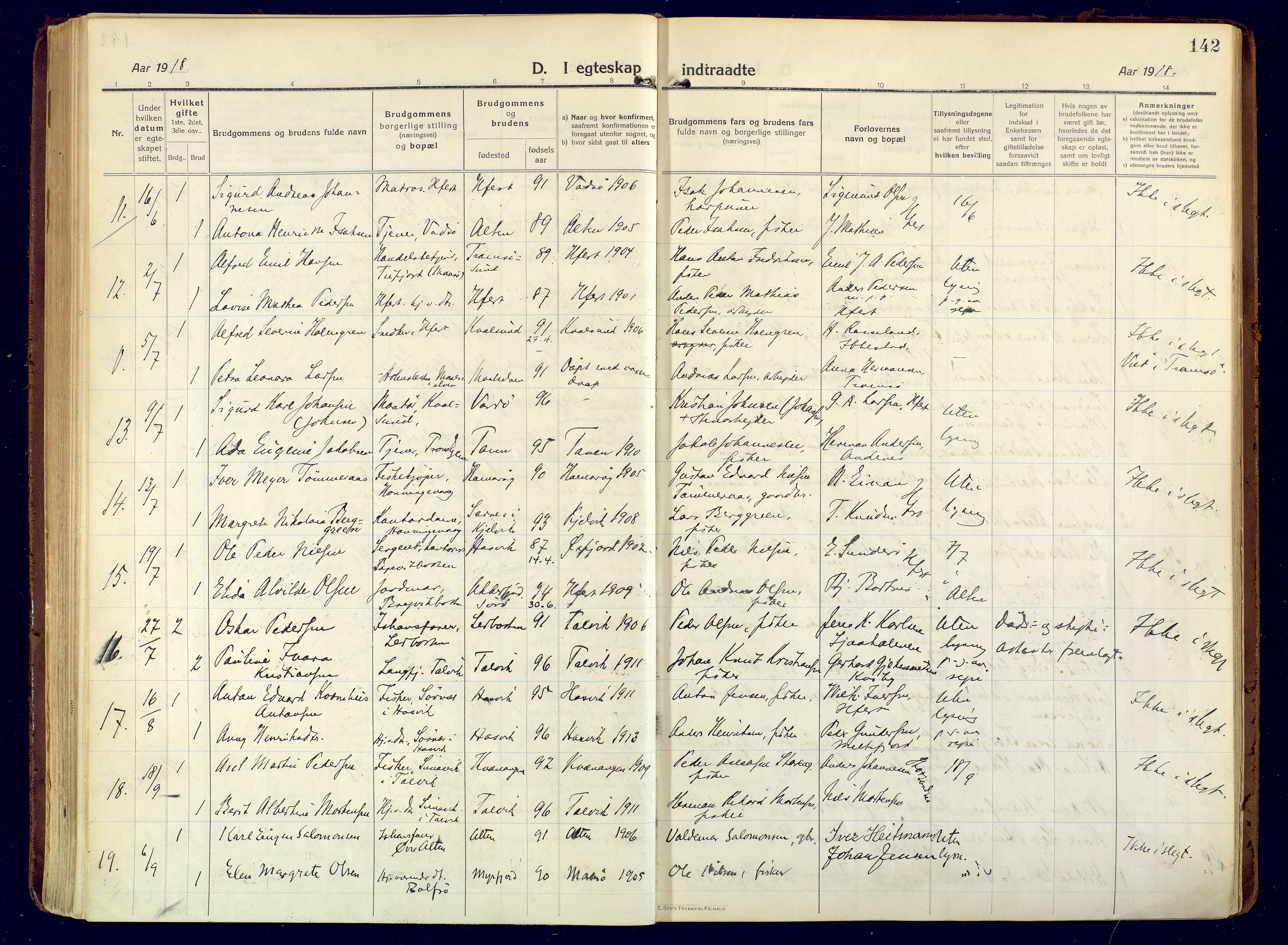 Hammerfest sokneprestkontor, AV/SATØ-S-1347/H/Ha/L0015.kirke: Parish register (official) no. 15, 1916-1923, p. 142