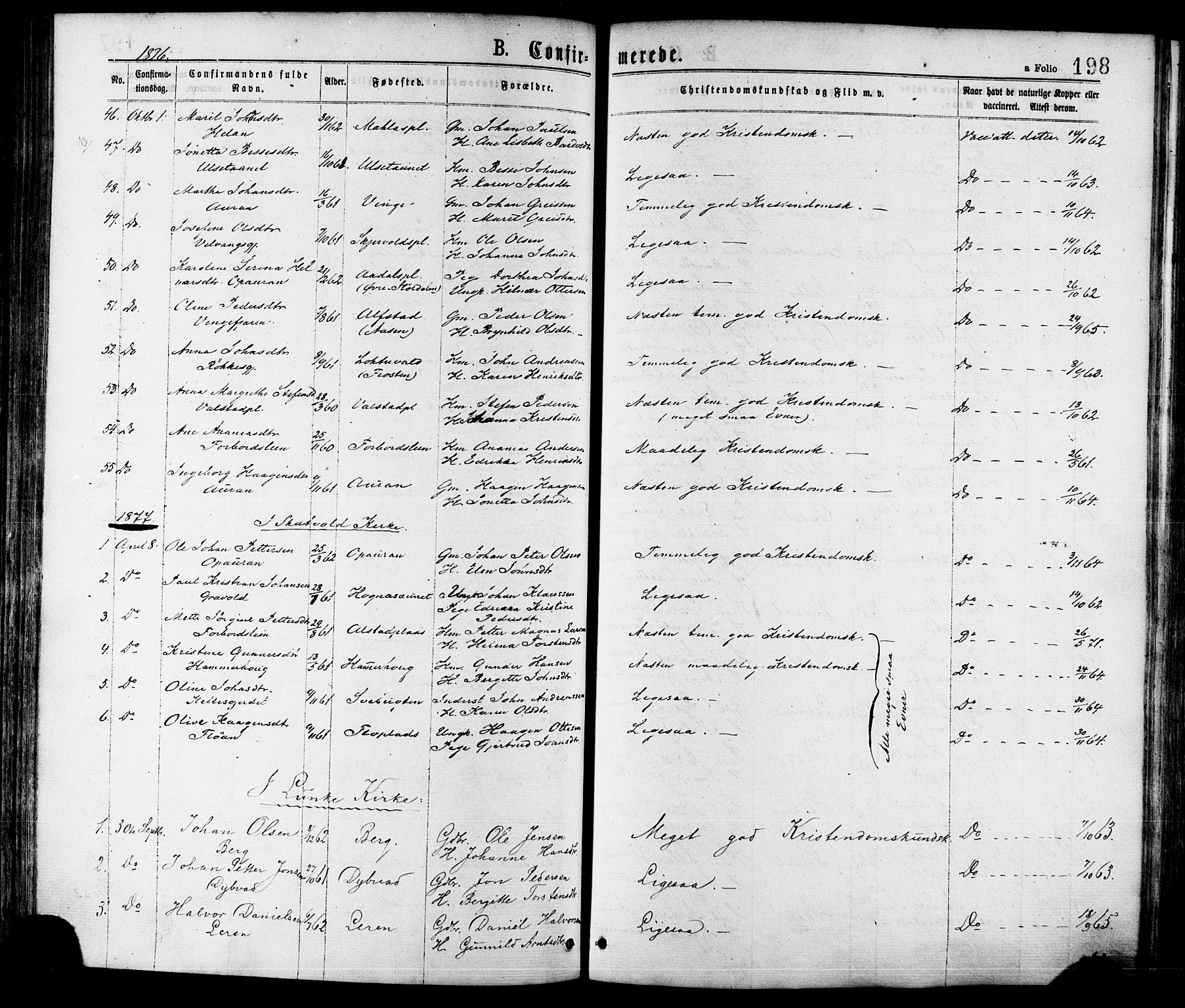 Ministerialprotokoller, klokkerbøker og fødselsregistre - Nord-Trøndelag, AV/SAT-A-1458/709/L0076: Parish register (official) no. 709A16, 1871-1879, p. 198