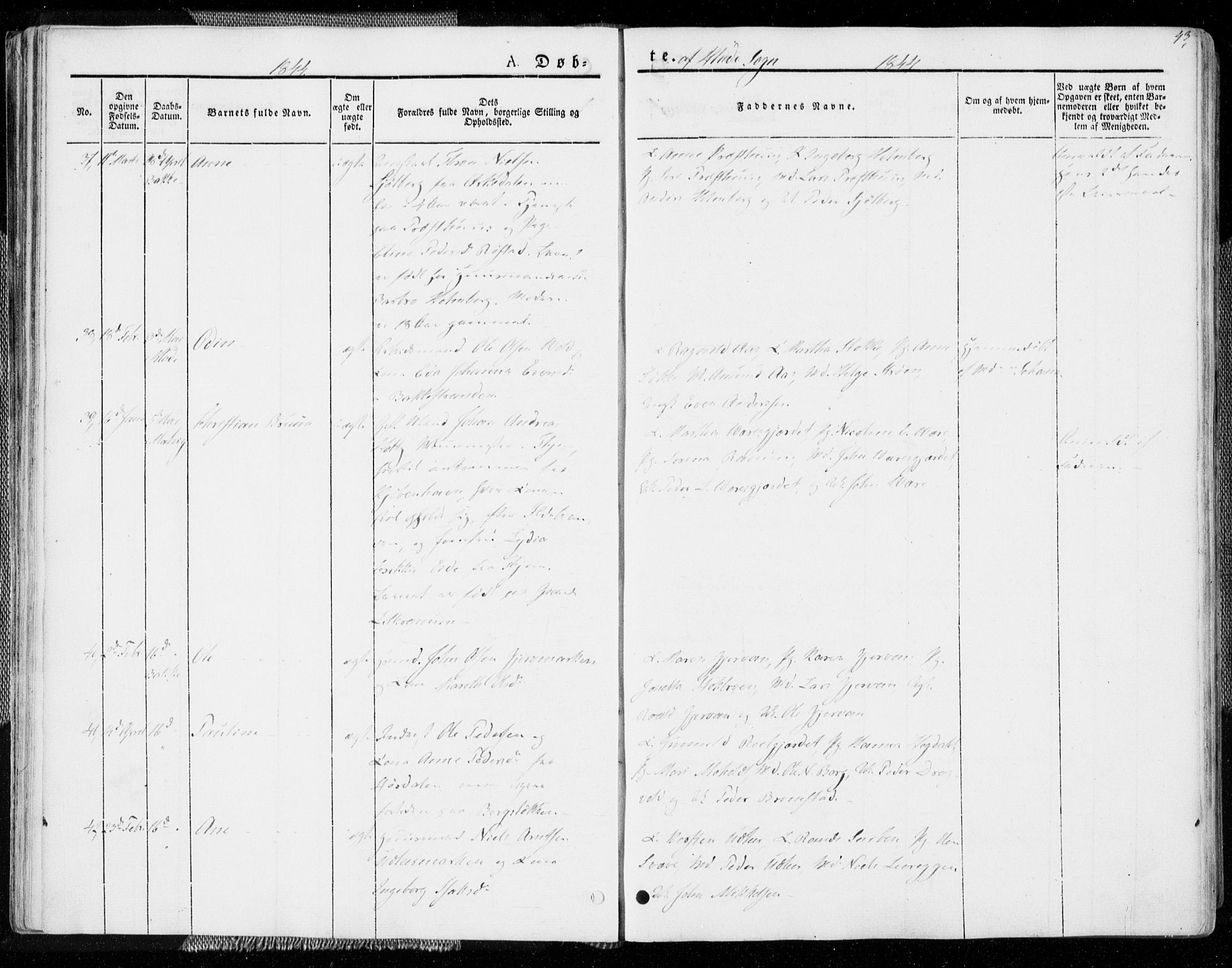 Ministerialprotokoller, klokkerbøker og fødselsregistre - Sør-Trøndelag, AV/SAT-A-1456/606/L0290: Parish register (official) no. 606A05, 1841-1847, p. 43