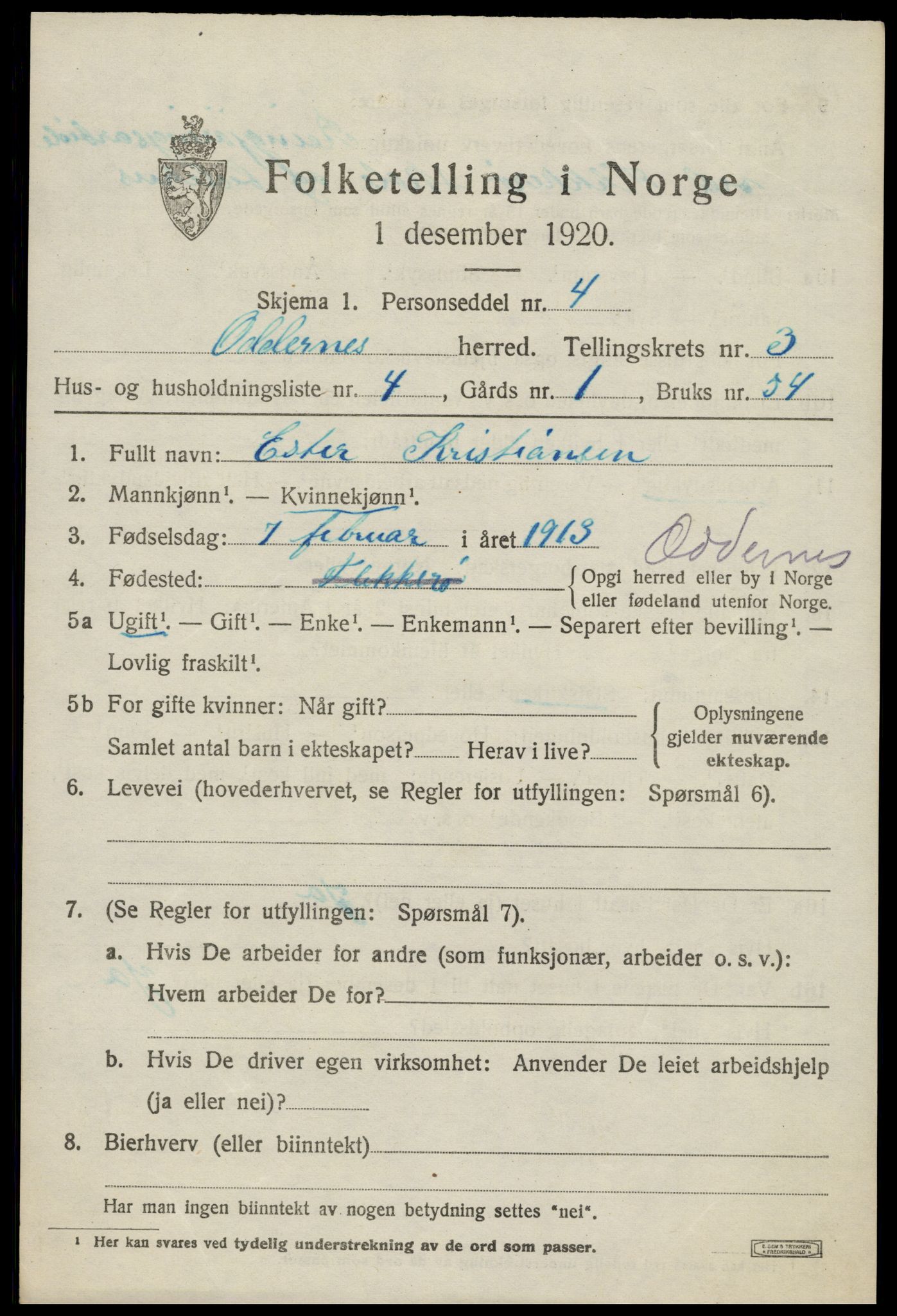 SAK, 1920 census for Oddernes, 1920, p. 3389