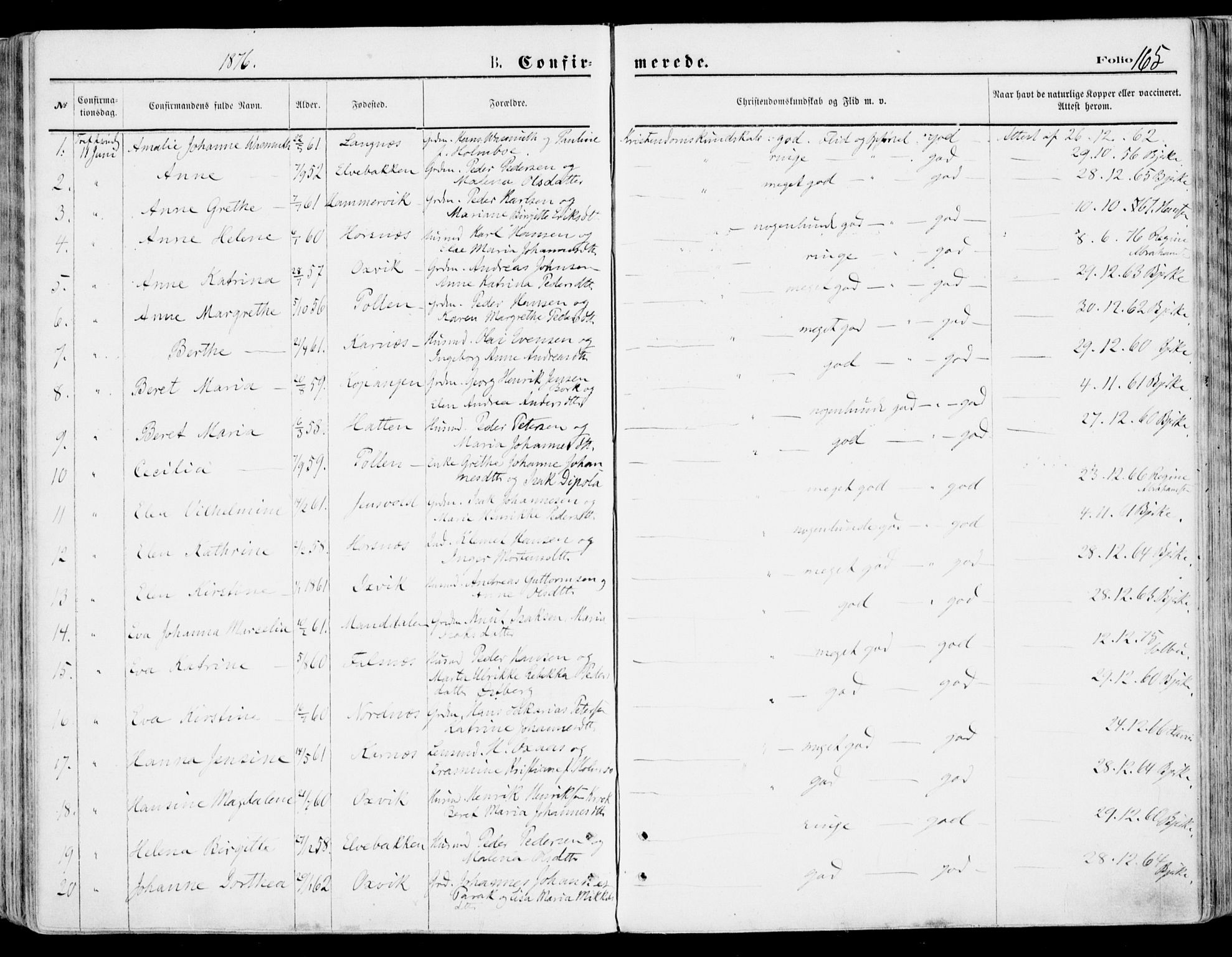 Lyngen sokneprestembete, AV/SATØ-S-1289/H/He/Hea/L0006kirke: Parish register (official) no. 6, 1870-1878, p. 165