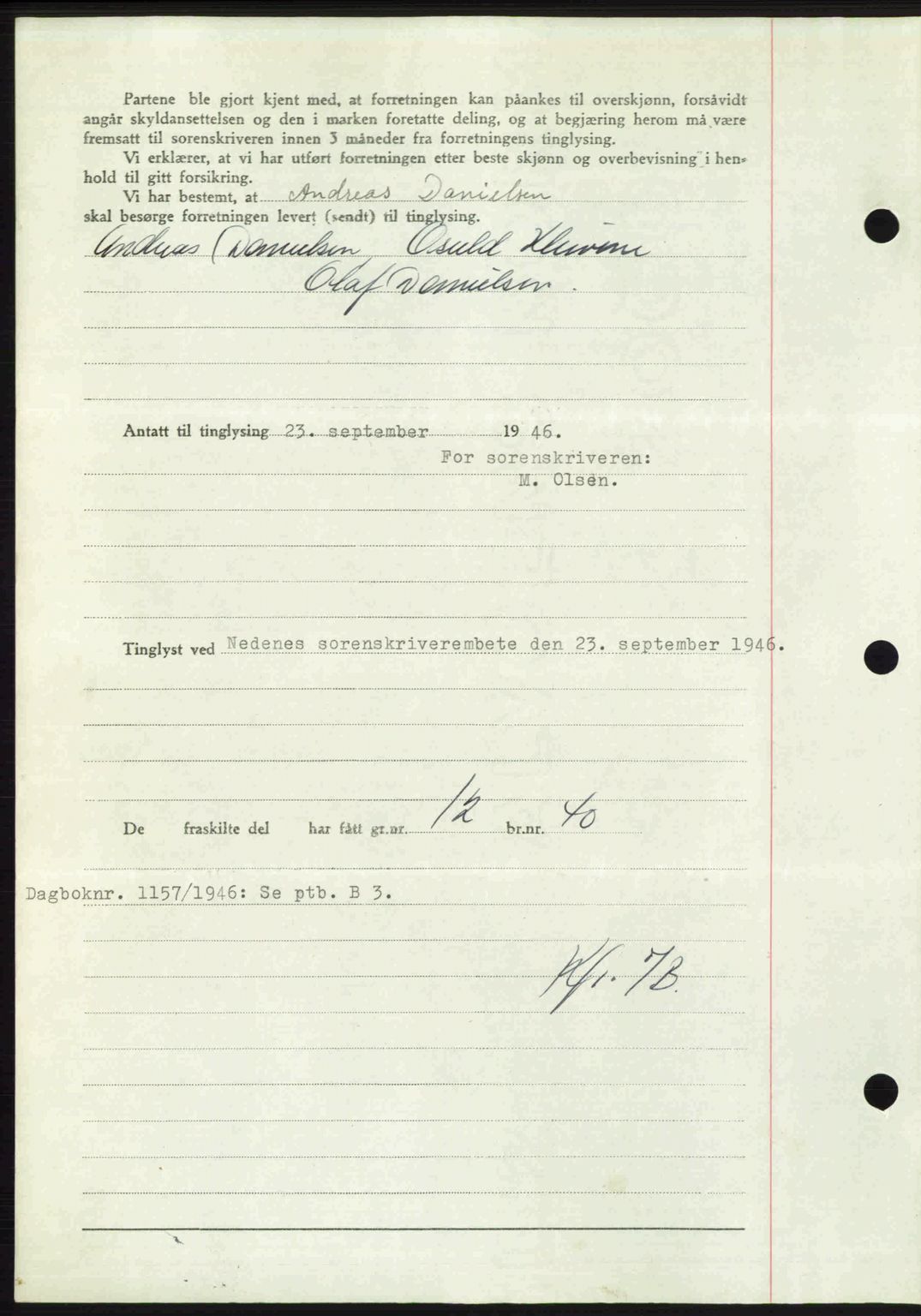 Nedenes sorenskriveri, AV/SAK-1221-0006/G/Gb/Gba/L0056: Mortgage book no. A8, 1946-1947, Diary no: : 1156/1946