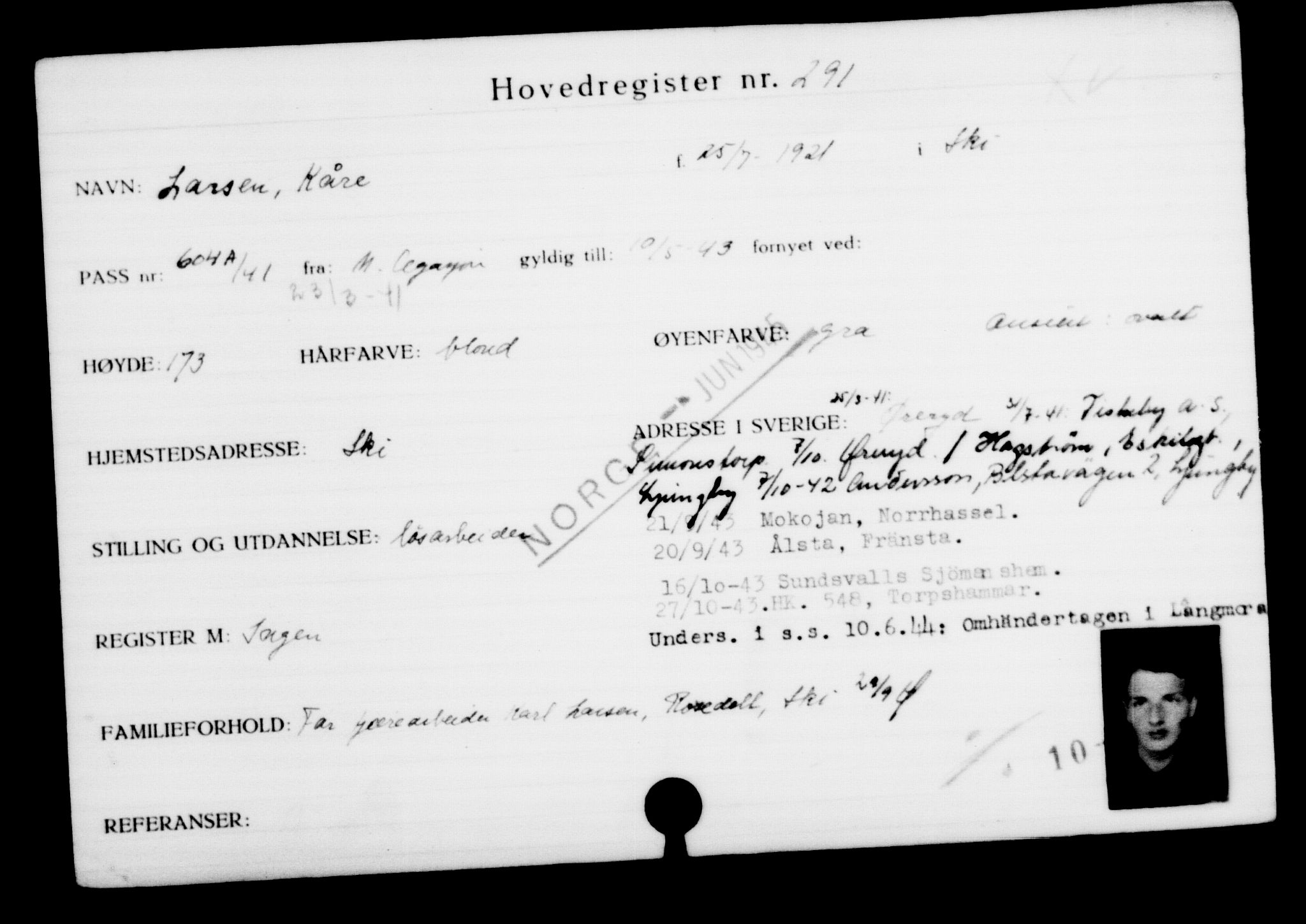 Utenriksstasjonene, Legasjonen i Stockholm, Flyktningkontoret, AV/RA-S-6753/V/Va/L0001: Kjesäterkartoteket, flyktninger med registreringsnr. 1-1000, 1940-1945, p. 467