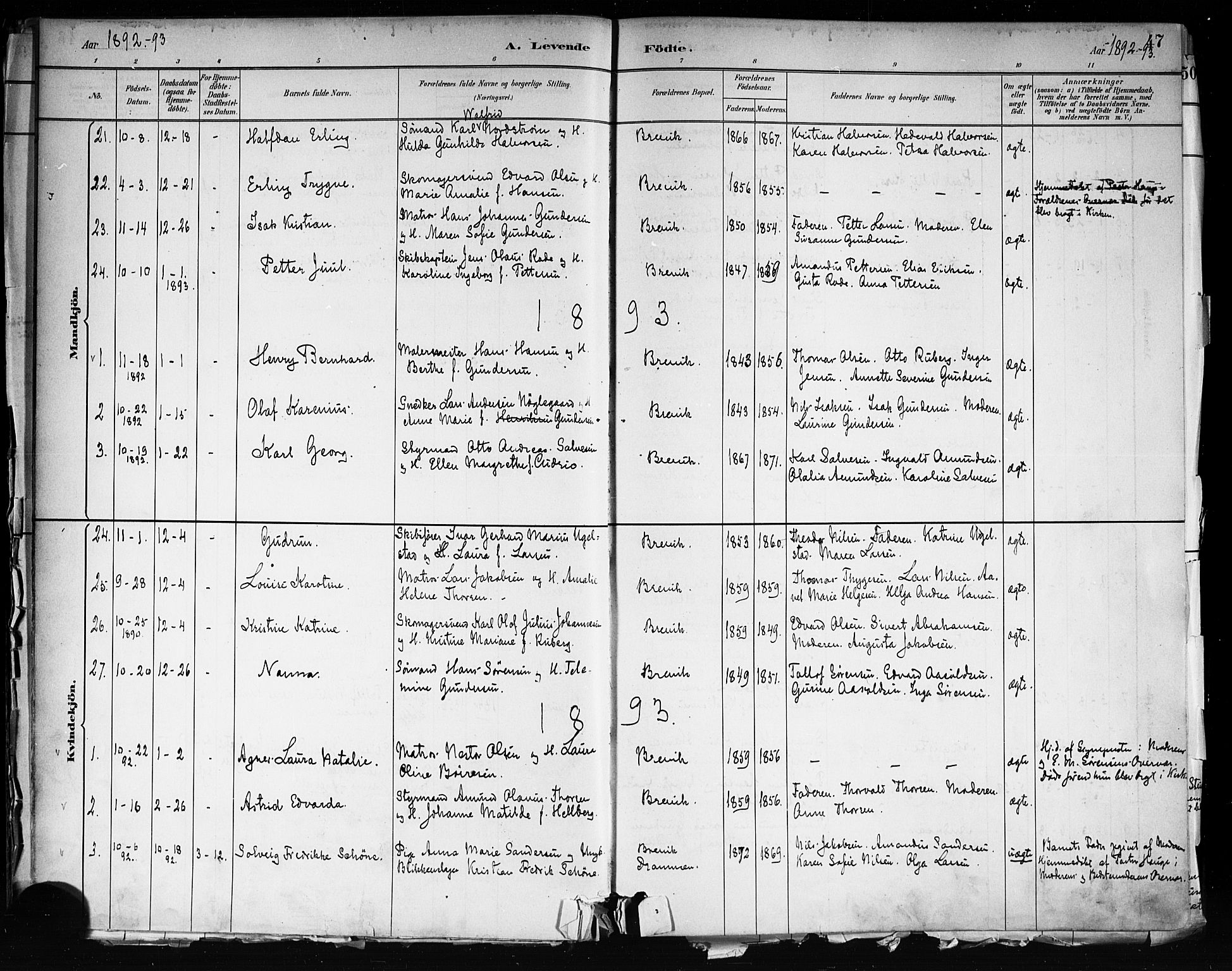 Brevik kirkebøker, AV/SAKO-A-255/F/Fa/L0007: Parish register (official) no. 7, 1882-1900, p. 47