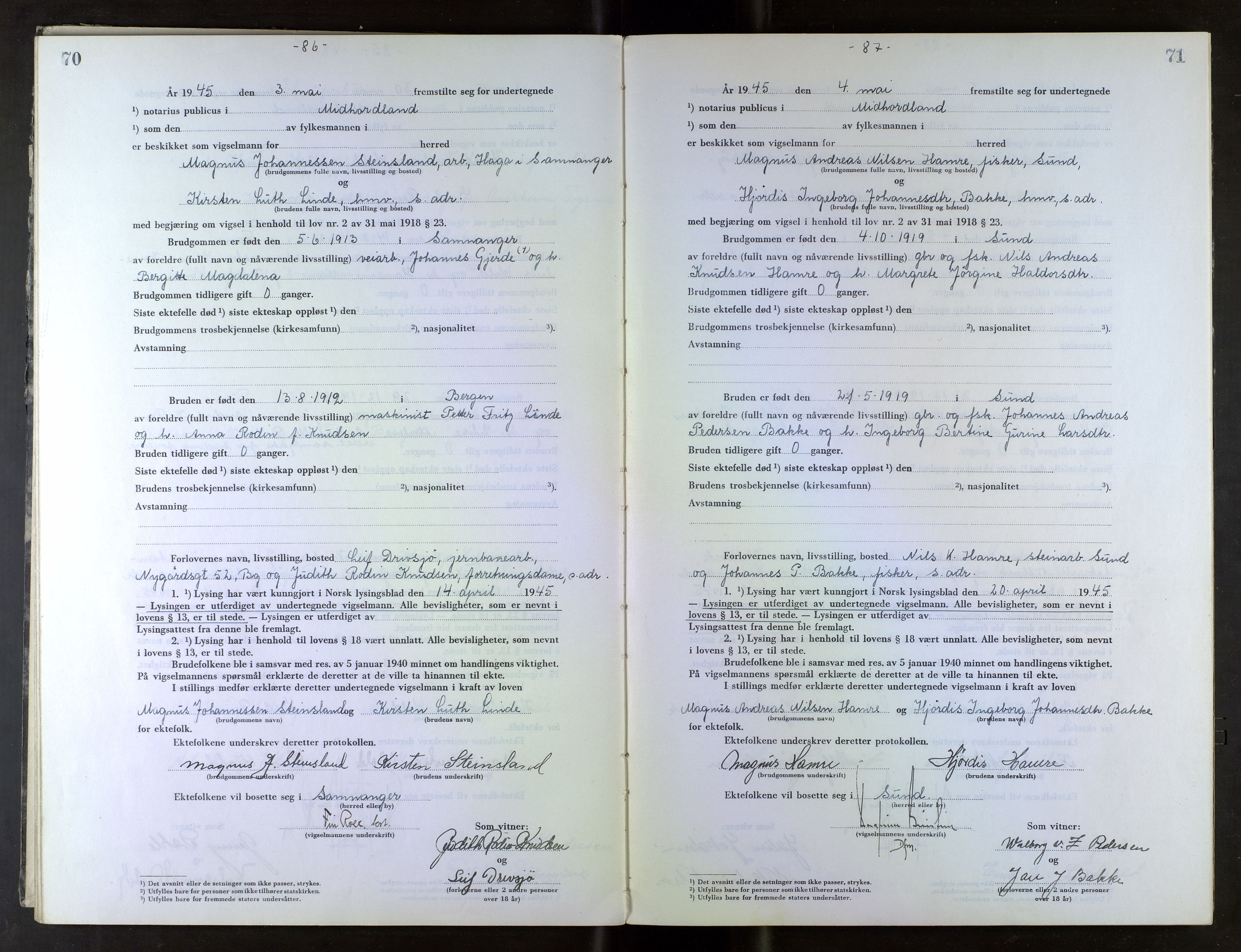 Midhordland sorenskriveri, AV/SAB-A-3001/1/M/Mc/Mca/L0007: Notarialbilag. Vigselbøker, 1945-1948, p. 70-71