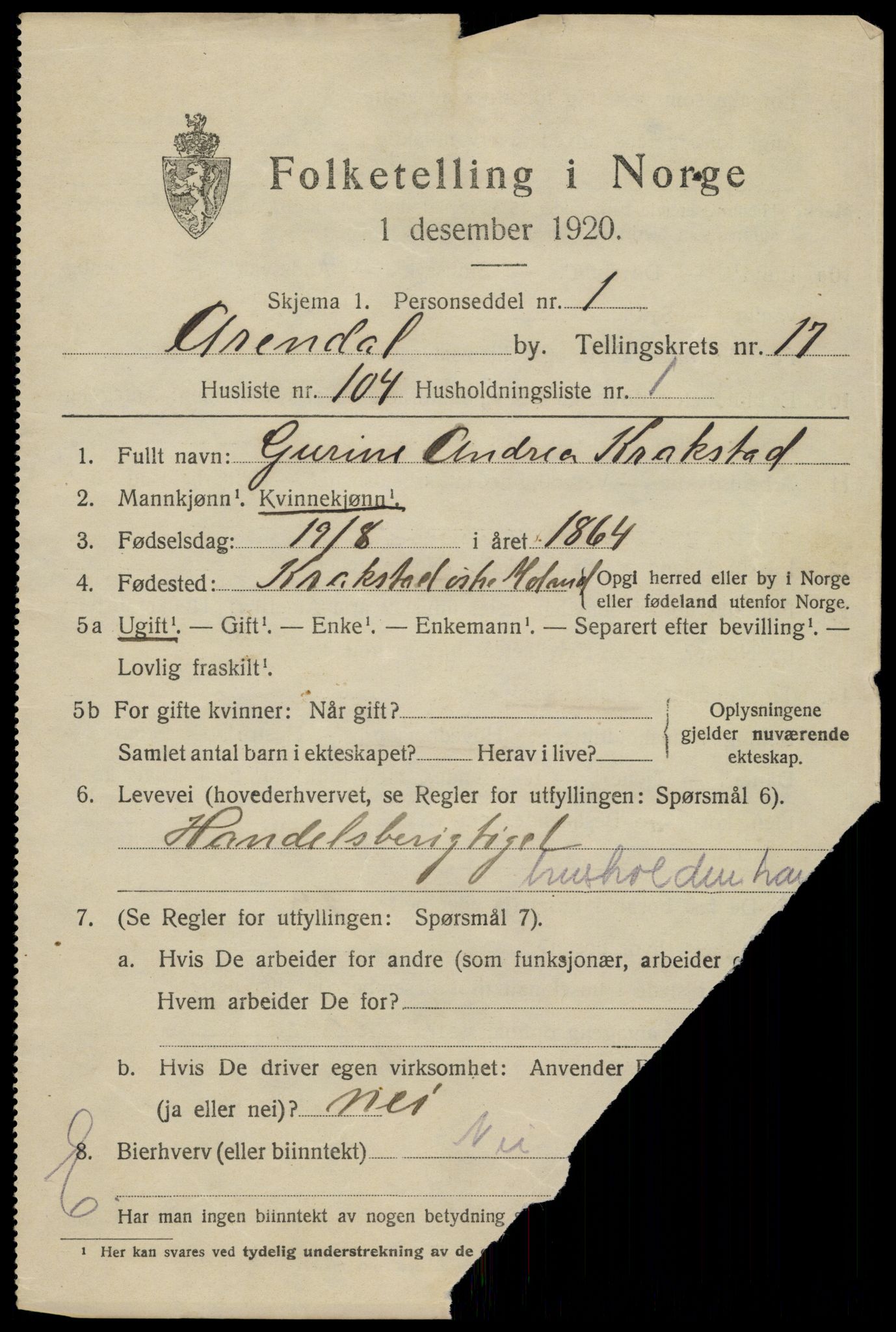 SAK, 1920 census for Arendal, 1920, p. 24936