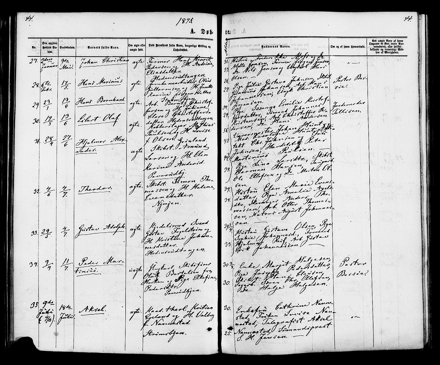 Strømsø kirkebøker, AV/SAKO-A-246/F/Fa/L0020: Parish register (official) no. I 20, 1870-1878, p. 44
